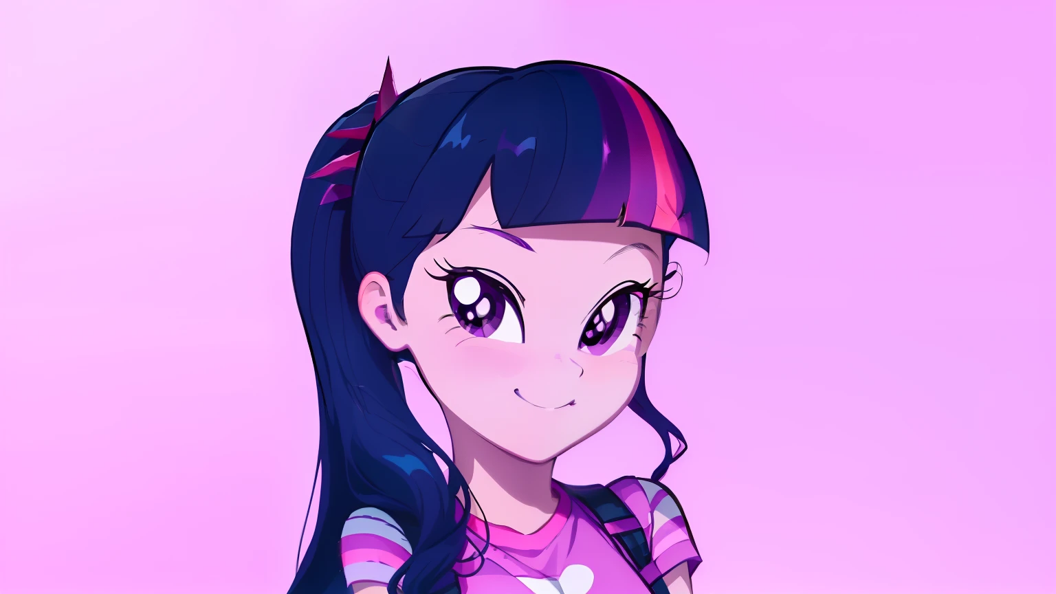 a close up of a cartoon girl with long hair and a pink shirt, twilight sparkle, cool twilight, dark cool twilight, her hair is in a pony tail, equestria, twilight ray, giddy smirk, she has two ponytails, cartoonish cute, twlight, with no derpy face, mlp, confident smirk, proud smirk