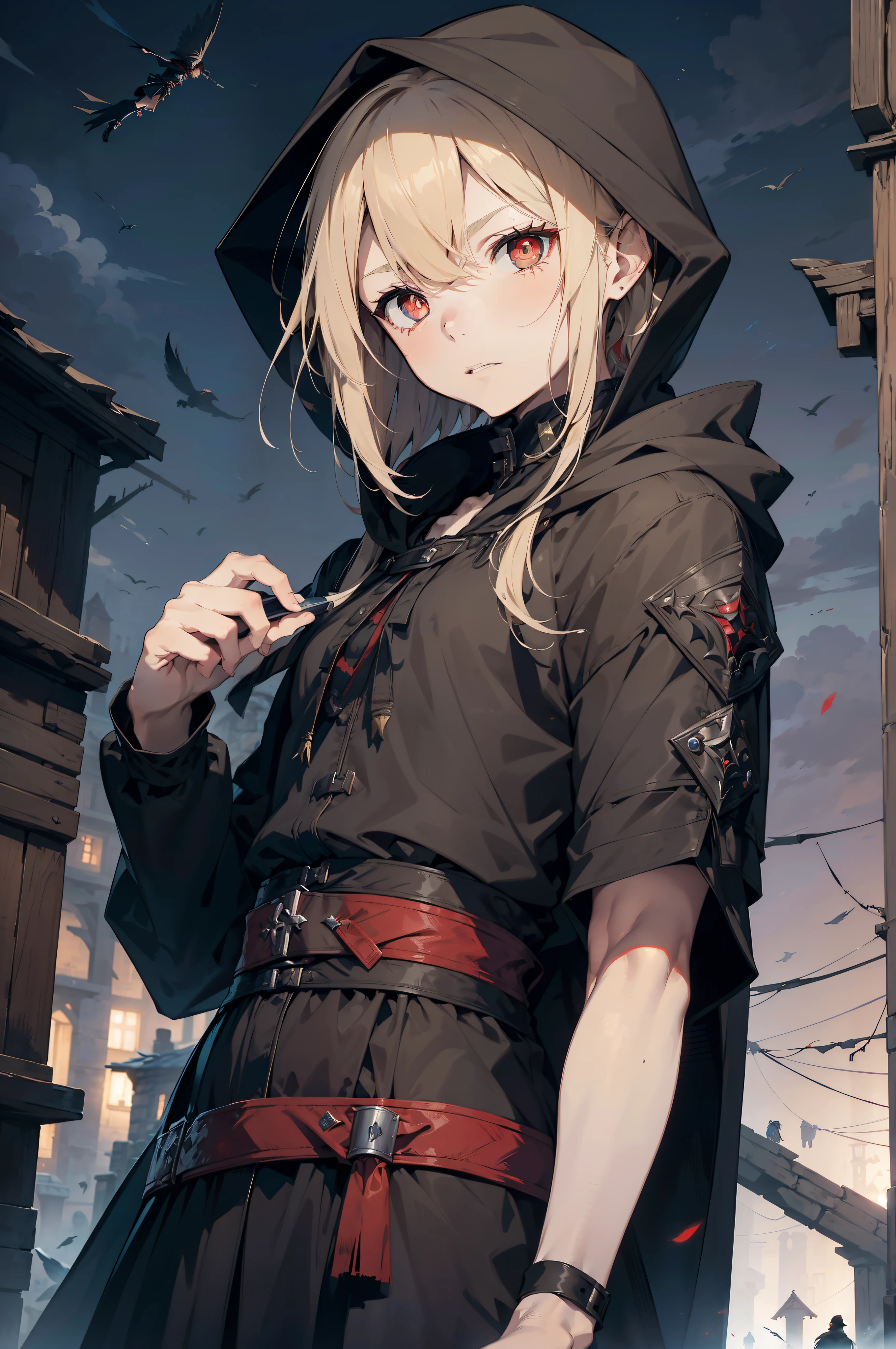 One young male boy , male face, male appearance, skinny, tired eyes,((red pupils)), dark eye bags, pale skin, blond hair, messy mullet short styled hair, scruffy and messy appearance, ( dressed in a medieval assassin costume, hooded assassin's cloak), fantasy, raven feather falling from the sky