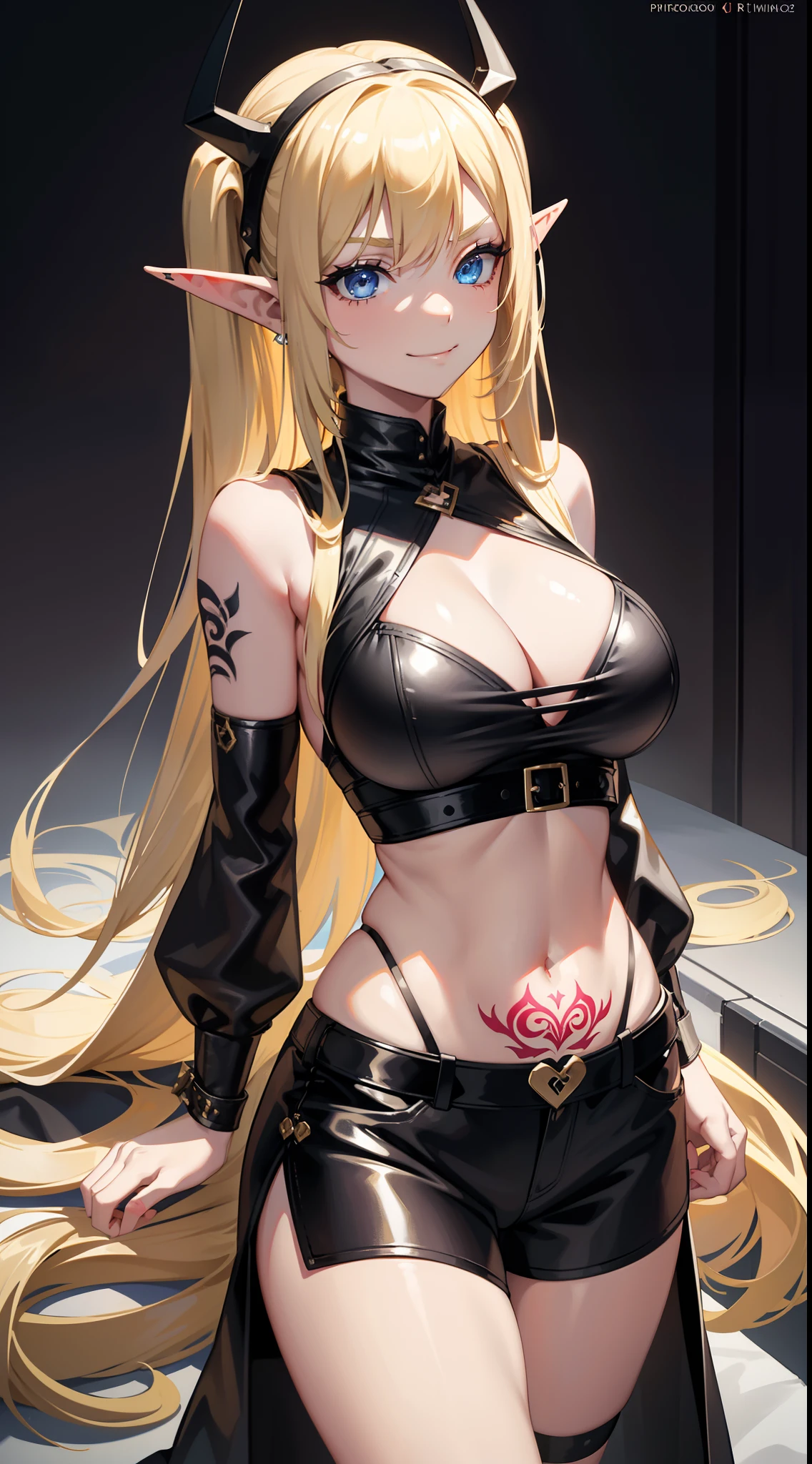 young girl, Long blonde hair, two pigtails, blue eyes, elf ears, smirk, black sueprero mask, black tight clothes, leather clothes, open belly, open breasts, huge breasts, wide neckline, sleeveless, shorts, tattoo, a lot of tattoo, Masterpiece, hiquality, 4k, HD, Good detail