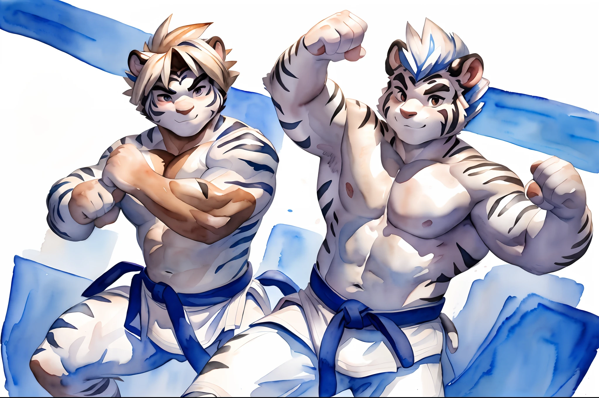 Hominidae, Pose for Camera. 4K, high resolution, Best quality, posted on e621, (Two anthropomorphic white tigers:1.2), male people, 20yr old, Thick eyebrows, Light blue stripes, Ultra-short hair, shaggy, Strong body, large pecs, ((Shirtless)), They are practicing karate, Pink milk clusters, sweat leggs, white leggings underneath, Small raised, In the gym, (sport, Muscular, Heavyweight:1.2), Correct anatomy, (White background, Watercolor background:1.1), (by Chunie, author:Taran Fidler:0.8), (Detailed eyes:1.2), Sexy, (cel-shaded:1.2), cartoon shading, (aquarelle:1.2), Serious expressions, Be red in the face, (view the viewer:1.2)