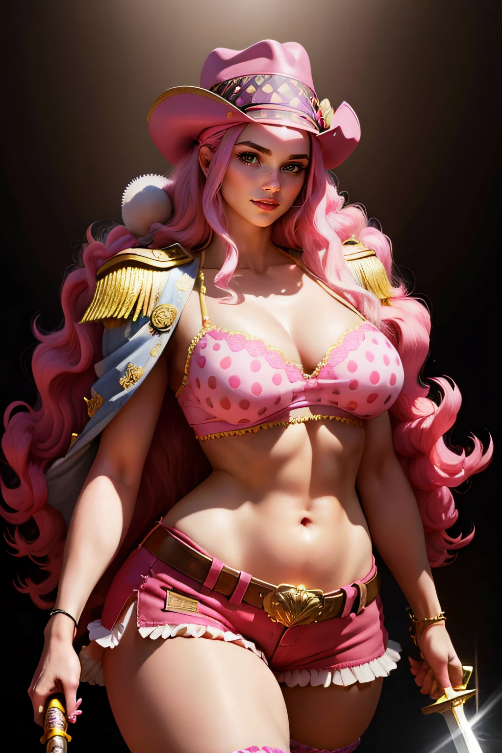 Young woman with long pink hair,large breasts and wide hips,wearing only flowery pink bra and short shorts,white boot,with a pink hat,with a sword sheathed at her waist,the hilt of the sword is golden