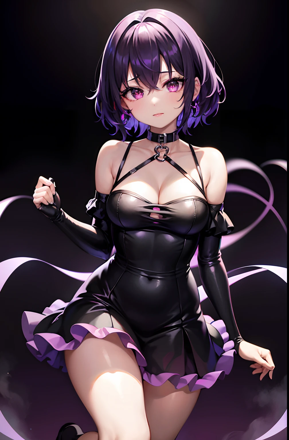 best quality, ultra high res, 1girl, short black puffy dress, black heart choker, cute, (Kpop idol), (aegyo sal:1), (luminous purple hair:1), ((luminous purple eyes)), looking at viewer, full body, facing front