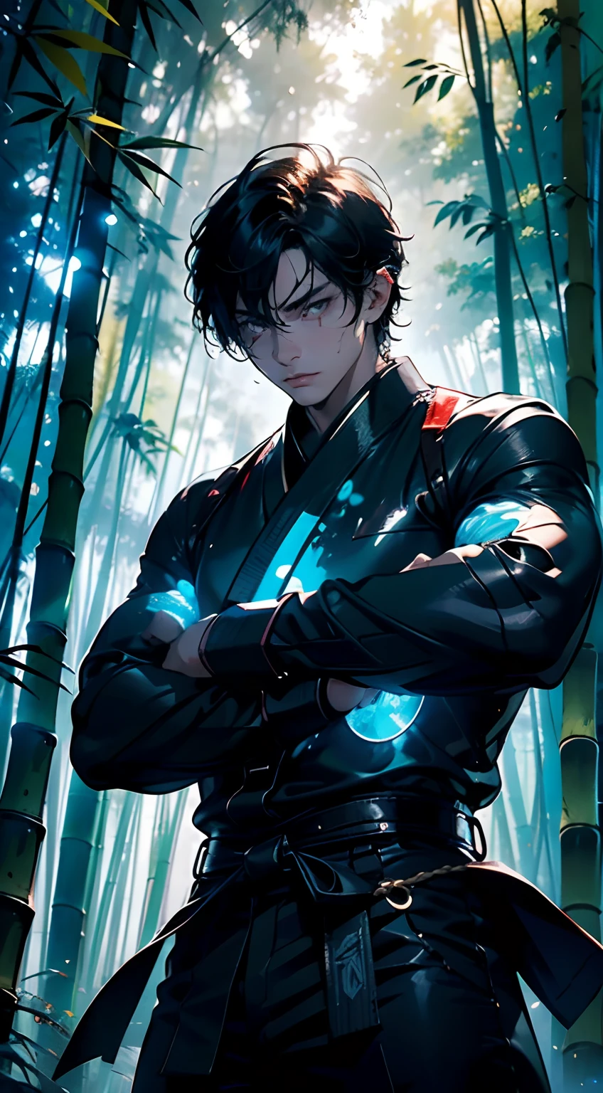 (Masterpiece), Best quality, A teenager stands in a bamboo forest and squats down，vomit blood, ((beats)), hold fists, ((The bamboo forest is huge)), Perfect face, Expressive eyes, Martial arts uniform, with short black hair, Wind, Dust, cheerfulness, Colorful, Exciting, Gorgeous, Rotate the body, , martial art, The sense of impact is prominent, warm color, Perfect light, In a large bamboo forest, The boy performs the Bajiquan move, He bent over and vomited blood，((Squatting on the ground and vomiting blood)), He wears a black martial arts suit, he has black hair, Black eyes, in a panoramic view, The lens becomes smaller，Roles are centrally located, Shine, Break with vibrant colors, Bright,Shiny, Cool colors, Natural sun light, Artistic, Creative, Digital art, the wallpaper, (Glowing eyes), magical, impossible, Good vibes, Good mood, Adventure, (Solo, Alone,1boys)