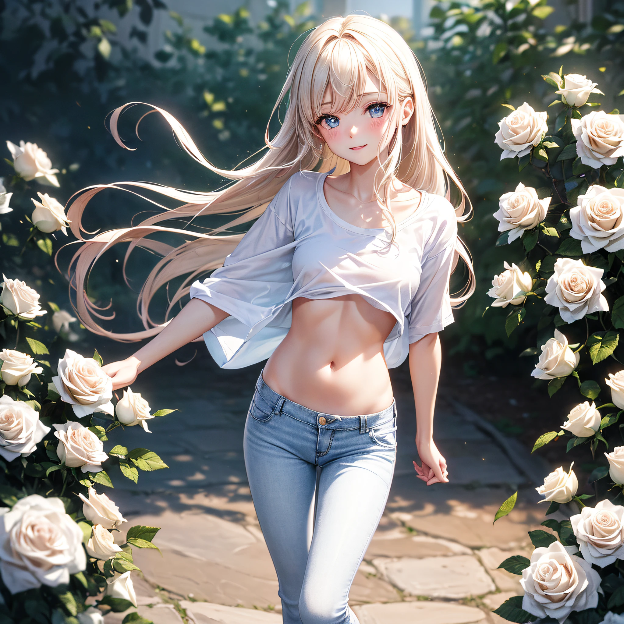 (((flat chest,rose garden))),(((White roses are blooming,white t-shirts,Hide underwear,denim hot-pants))),((独奏,stroll)),((masutepiece,Full body,Wide background,Far angle)),Beautiful detailed skin,Perfect human anatomy,perfect hand,beautiful boob,portrait of a beautiful woman,Perfect face,(Cute smile,Bright smile),Cute look,Cute emotions,Think,(blush),enticing lips,Perfect eyes,Cinematic scene,Cinematic,fulcolor,4K,8K,Raw photo,Studio portrait,professionally color graded,Professional Photography,(an extremely delicate and beautiful art)1.3,Elegant,Active Angle,Soft light,Lens Glow,soft clean focus,Realistic lighting and shading,Best Quality,top-quality,hight resolution,(1girl in:1.3)