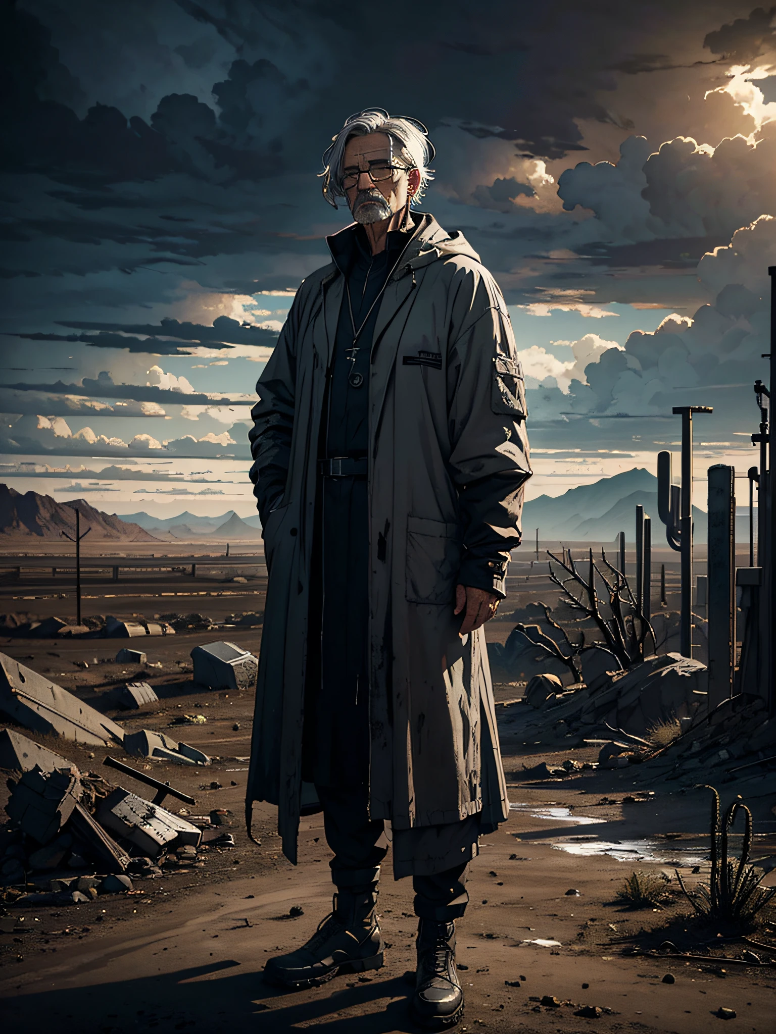 Masterpiece, dystopian scientist, old scientist, filthy robe, glasses, gray hair, lostness, post-apocalyptic desert landscape, dark sky, gloomy sky, black overcast clouds