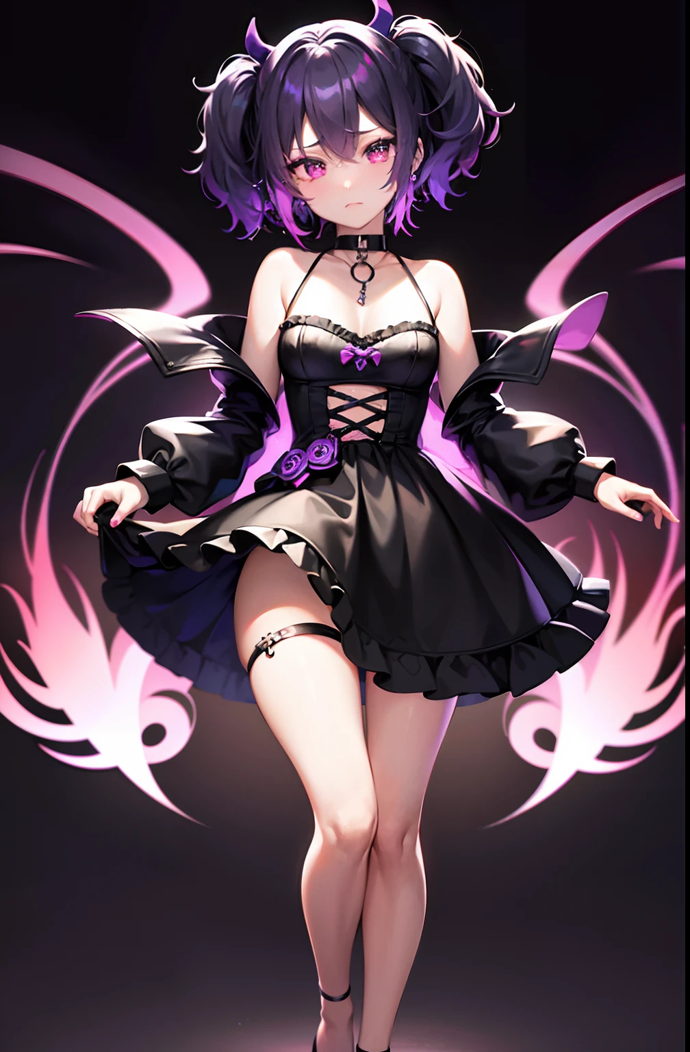 best quality, ultra high res, 1girl, short black puffy dress, black heart choker, cute, (Kpop idol), (aegyo sal:1), (luminous purple hair:1), ((luminous purple eyes)), looking at viewer, full body, facing front