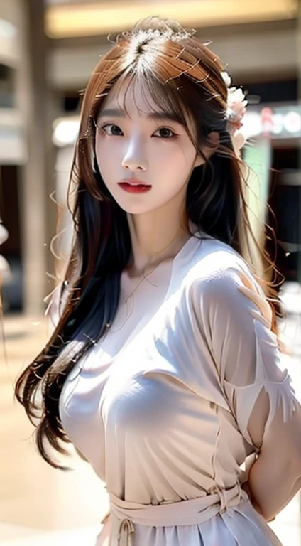 A fashionably dressed Asian woman holding a whip in a shopping mall,There is an electronic screen behind him,Such as the movie version of the picture effect,long whitr hair,frontage,Cute expressions,super ultra detail,Best quality