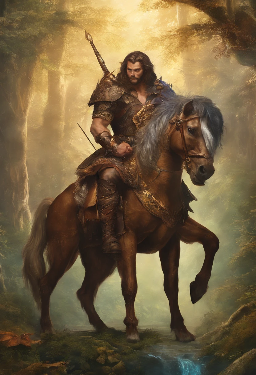 masterpiece, best quality, a portrait of a man, centaur, extremely detailed, looking at viewer, grizzly, leather armor, animal hide, horse, hooves, hide armor, clothed, druid magic, nature, fullbody, standing, tall