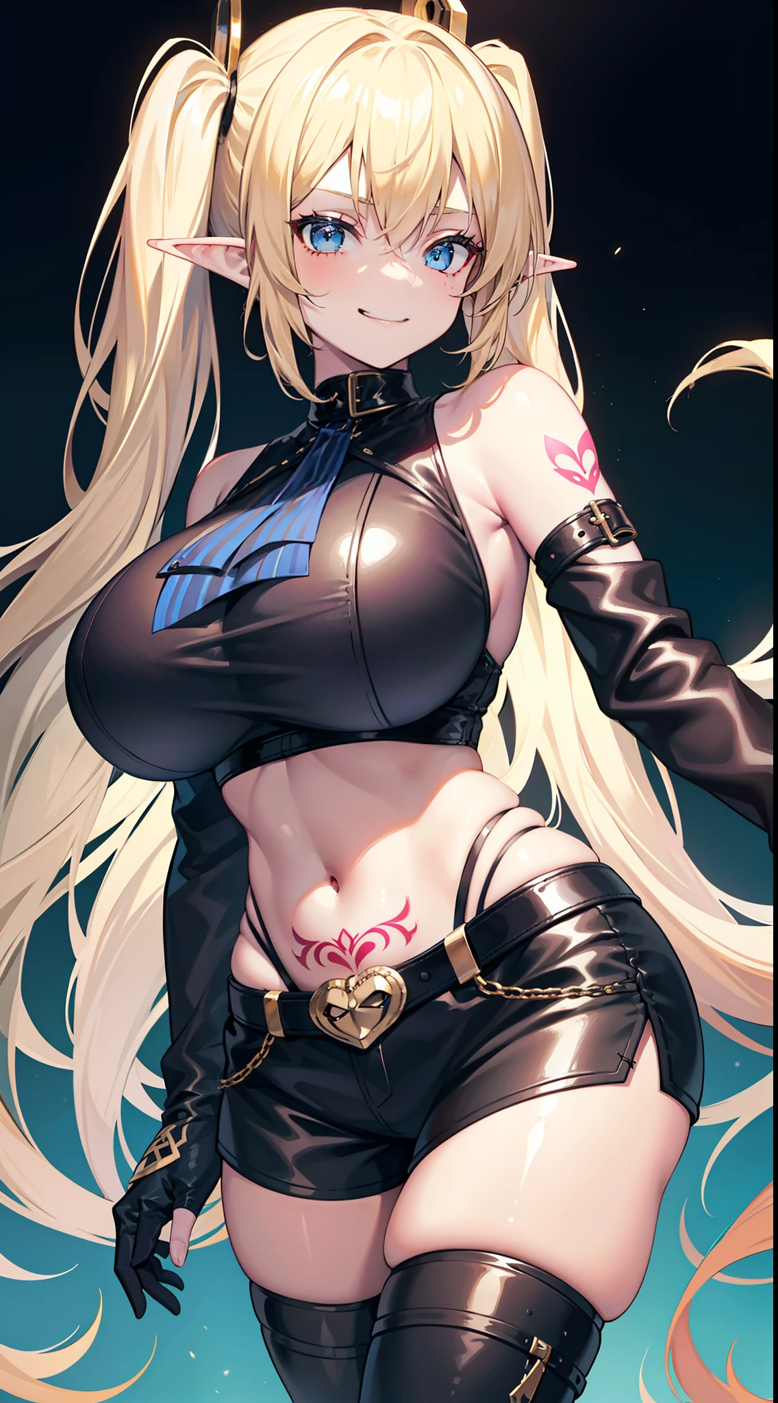 young girl, longue blonde hair, Two pigtails, blue eyes, elf ears, smirk, Black Sueperro Mask, black skintight clothes, leather clothes, open belly, open breasts, Huge-breasts, Wide neckline, Sleeveless, Shorts, tattoo, lots of tattoos, Masterpiece, hiquality, 4k, HD, Good detail