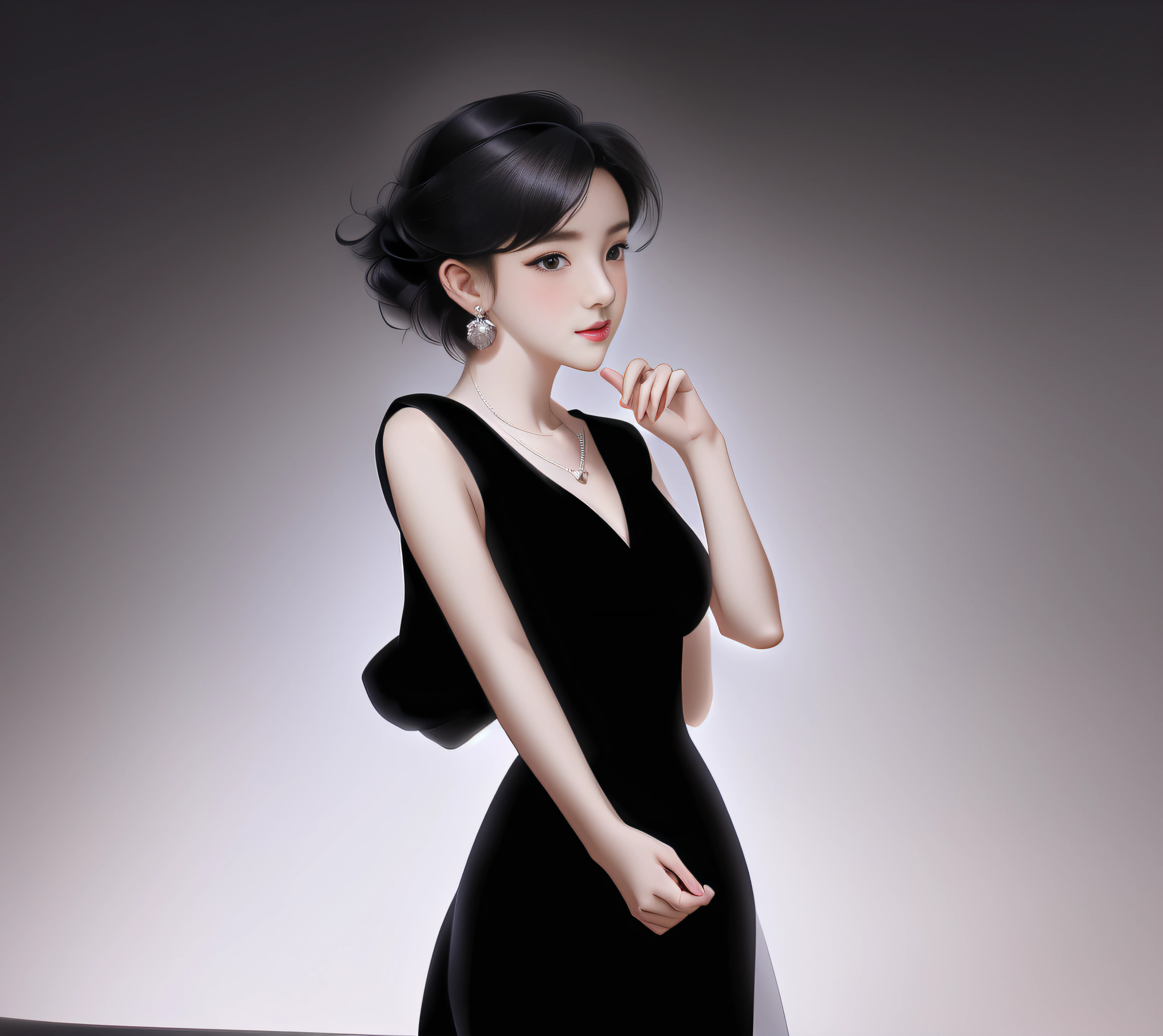 There was a woman in a black dress,Wearing earrings, Anime girl wearing black dress, digital art of an elegant, an elegant woman in black dress, with short hair, she wears a black dress, elegant profile pose, cute elegant pose, Girl with black hair, portrait of anime woman, in the art style of bowater, character full body portrait