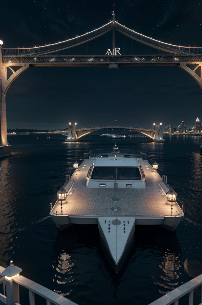 Alafid cruise in the water near the bridge at night, transportation design render, artistation render, 1 glowing bridge crossing river, best on adobe stock, excellent 3d render, Beautiful digital artwork, beautiful high resolution, high quality 3 d render, high quality 3d render, a digital rendering, 3d render digital art, CG art, Beautiful city of the future