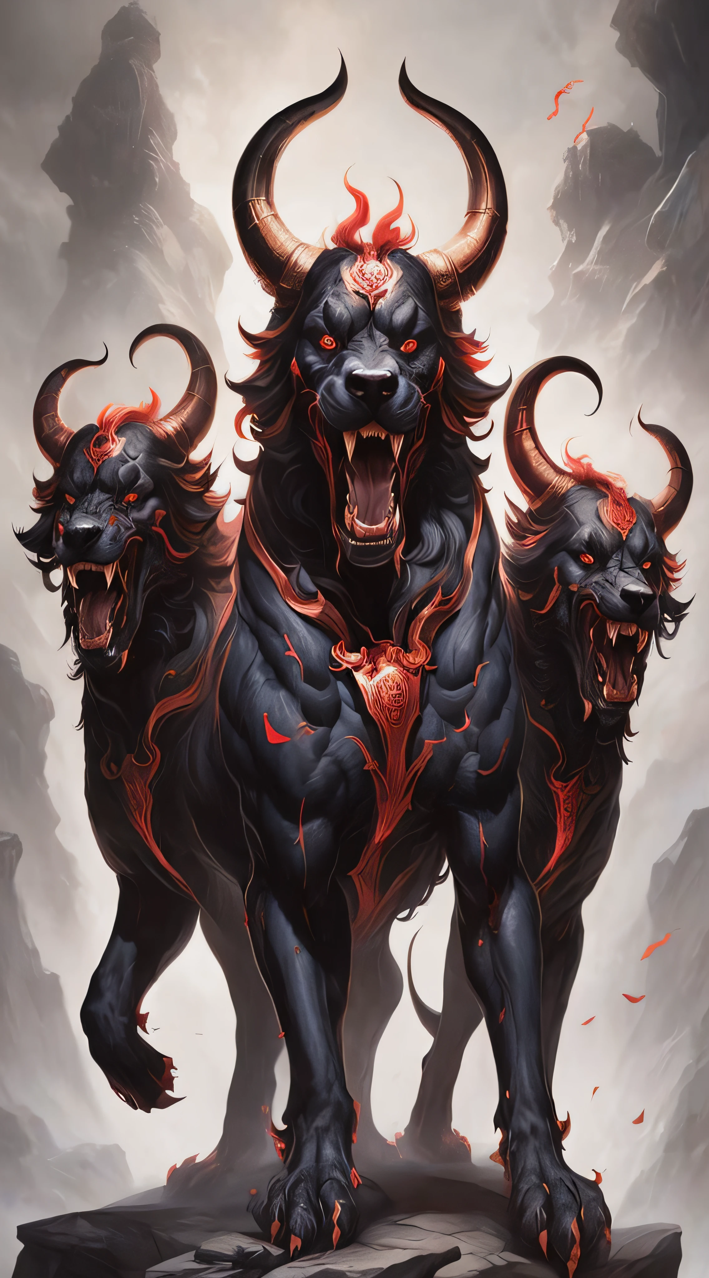 there are three black bulls with red horns on a rock, cerberus, hellhounds, dan mumford tom bagshaw, by Ryan Yee, asura from chinese myth, symmetry!! portrait of hades, by Yang J, by Aleksi Briclot, fenrir, symmetrical epic fantasy art, by Shen Quan, by Galen Dara, by Jason Benjamin