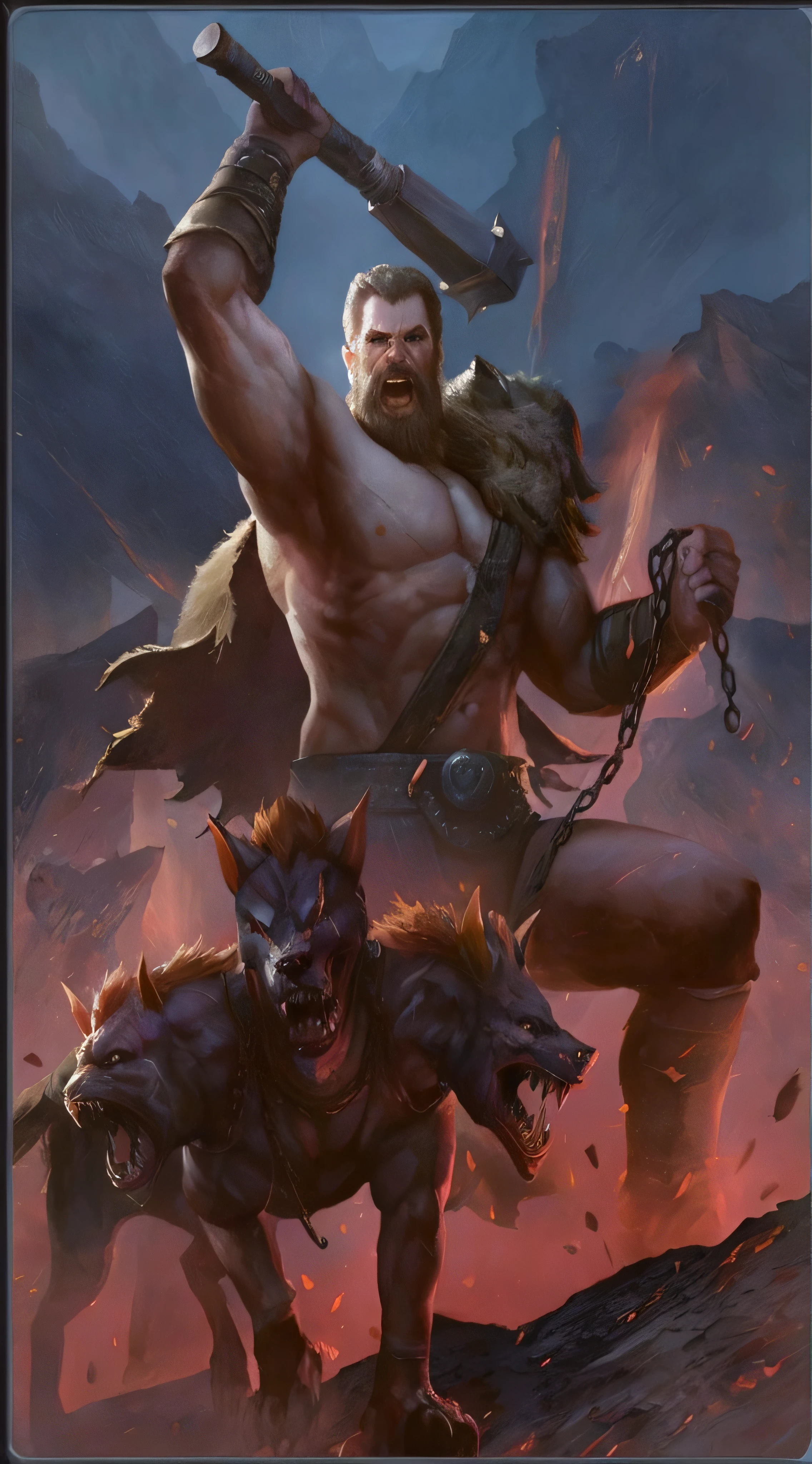 a painting of a man with a sword and a demon, berserker potrait, grog strongjaw, painted portrait of rugged zeus, fur-clad barbarian goliath, portrait berserker barbarian, painting of goliath, tuomas korpi and wlop, fire giant, by Izidor Kršnjavi, hephaestus, by Balázs Diószegi