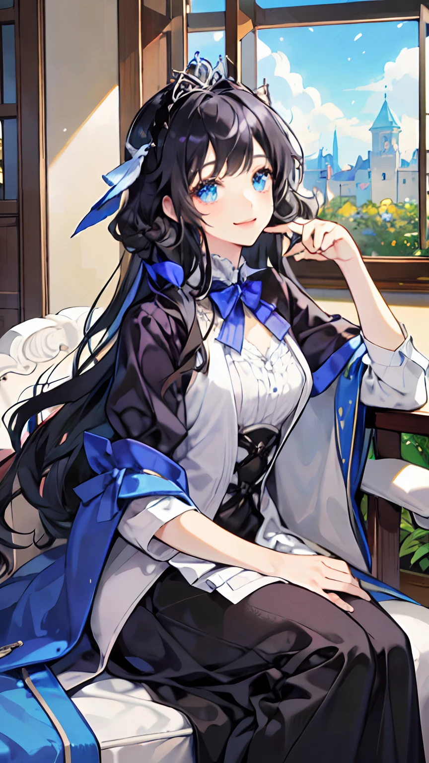 (masterpiece) Princess of Arcangela who has a straight hair but curled ends, and middle and straight bangs, her eyes is shiny black and her hair is black shiny shimmering splendid hair. smile cutely and her dress is lolita dress, she's sit on princess chair near window and her finger is stepped on by a cute blue bird, her hair has a princess crown.