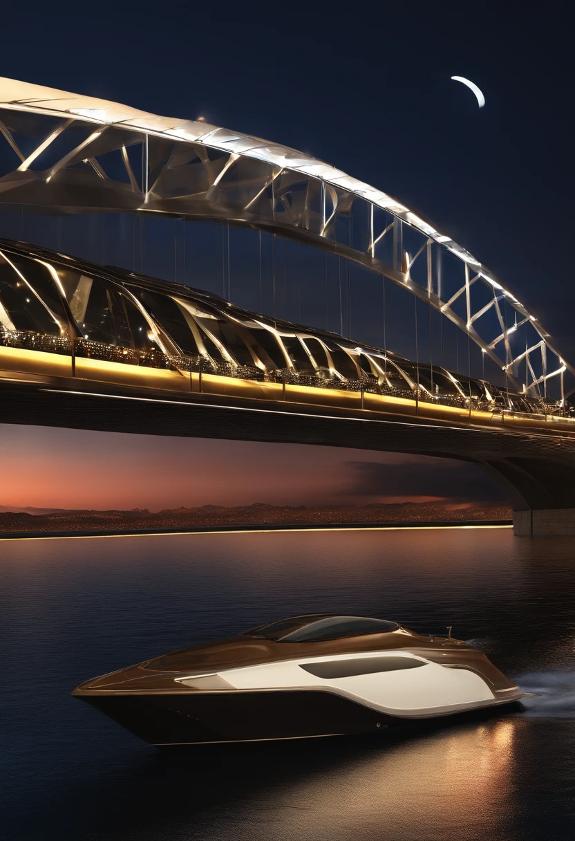 Alafid cruise in the water near the bridge at night, transportation design render, artistation render, 1 glowing bridge crossing river, best on adobe stock, excellent 3d render, Beautiful digital artwork, beautiful high resolution, high quality 3 d render, high quality 3d render, a digital rendering, 3d render digital art, CG art, Beautiful city of the future