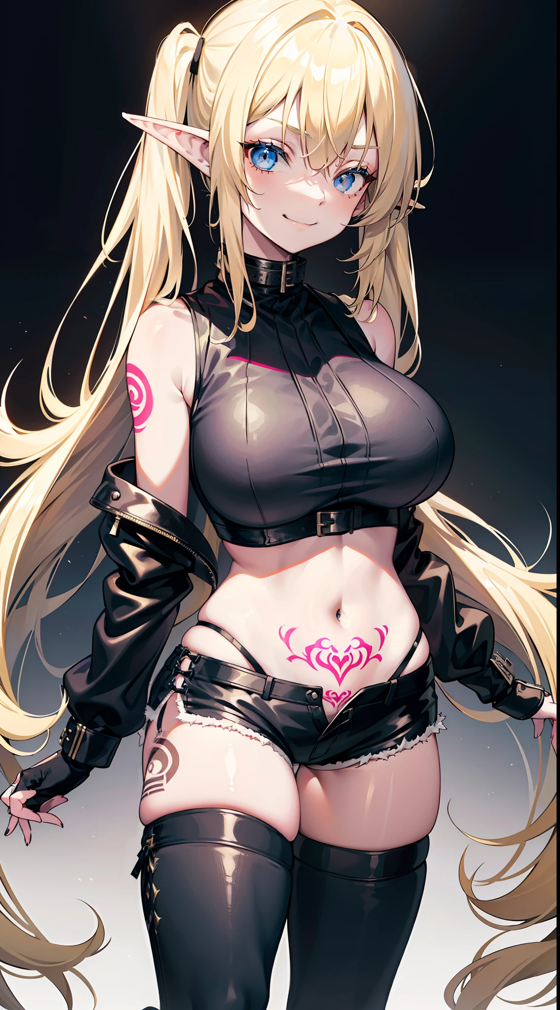 young girl, longue blonde hair, Two pigtails, blue eyes, elf ears, smirk, Black Sueperro Mask, black skintight clothes, leather clothes, open belly, open breasts, Huge-breasts, Wide neckline, Sleeveless, Shorts, tattoo, lots of tattoos, Masterpiece, hiquality, 4k, HD, Good detail