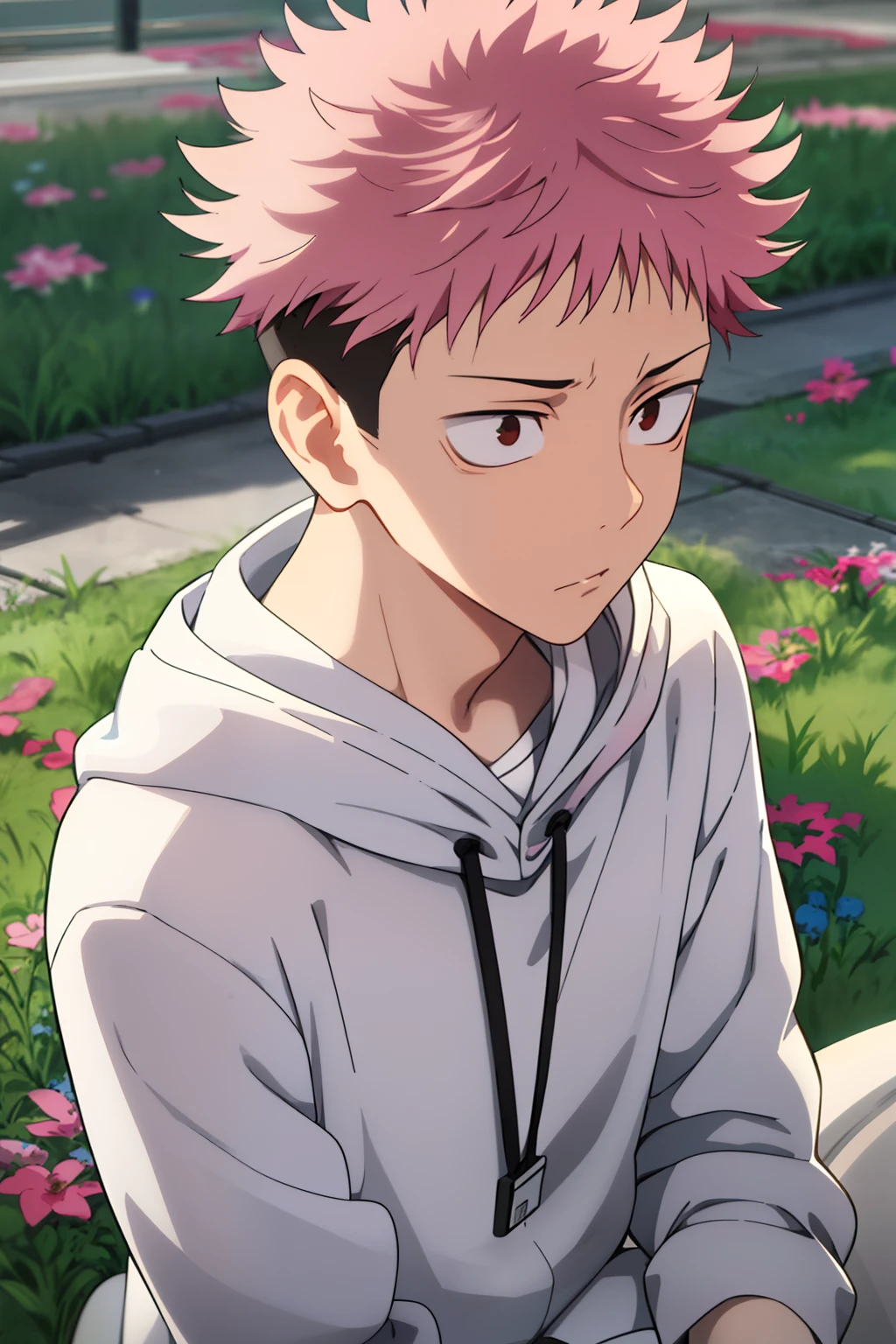 white liquid on your face，Masterpiece, Best quality, High quality, 1boys, Solo, Male focus, (Board Pass_Yuuji)，Pink hair，sat on the ground，arms behind  head，Tano，wildflowers，grey sky，Indifferent expression，Godless expression，expressionless eyes,Sleepy