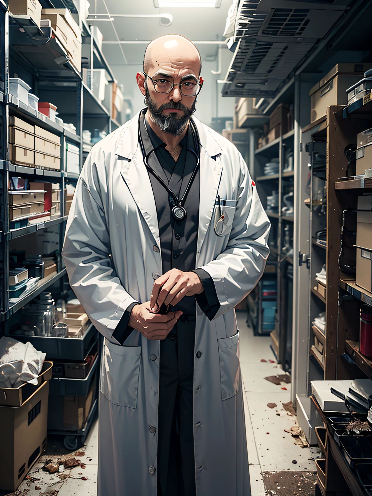 Masterpiece, dystopian scientist, short unkempt beard, half bald, filthy robe, glasses, gray hair, fatigue, dystopic medical white laboratory