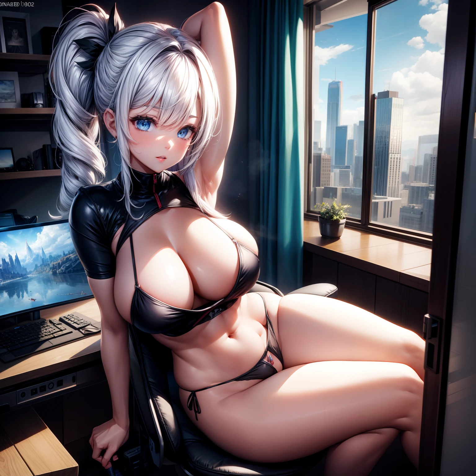 (8K ,Hyper-detailing,Ultra photo realsisim,Best Masterpiece,naturey,Perfect artwork,Perfect female body),Two cute busty girls ,(large tities),Simple and stylish girls' room,Computer,Computer desk,Display screen,Large display,Virtual Showcase,VR gaming equipment,Computer competitive games, cool outfits,Stylish hairstyle,Cute sexypetitive game girl,sit on chair,Cool clothes,Built-in thong panties,Large cleavage,slovenly,Stretch meat,Raised sexy,Theky is exposed ,tit,full body shot of