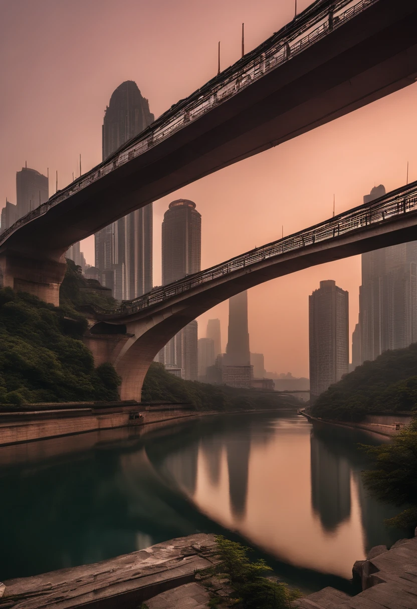 The Chongqing Qianguomen Bridge is the perfect subject for a stunning photo。The scene is set at sunset，A beautiful gradient sky of pale sky blue and pink is intertwined with lilac clouds。The bridge itself is presented in the form of a silhouette，The warm sunlight shone on the vehicles and pedestrians on the bridge，The structural details are clear and concise，It highlights its elegance。The city-style mural in the middle shot depicts bustling city life，Including Chongqing's landmark buildings and mountain city features。The architecture of the Northern and Southern Dynasties style adds a sense of history to the picture，While the scenery of the suburbs is characterized by natural landscapes and buildings of light silver and light red，It creates a rustic and tranquil atmosphere。generally，This photo is a perfect combination of simplicity and elegant style，It showcases the diversity and uniqueness of Chongqing。