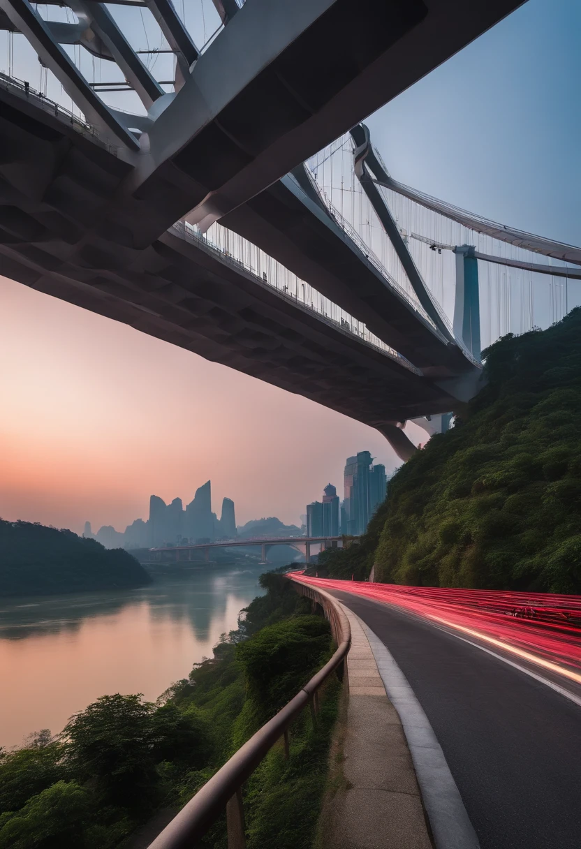 The Chongqing Qianguomen Bridge is the perfect subject for a stunning photo。The scene is set at sunset,A beautiful gradient sky of pale sky blue and pink is intertwined with lilac clouds。The bridge itself is presented in the form of a silhouette,The warm sunlight shone on the vehicles and pedestrians on the bridge,The structural details are clear and concise,It highlights its elegance。The city-style mural in the middle shot depicts bustling city life,Including Chongqing's landmark buildings and mountain city features。The architecture of the Northern and Southern Dynasties style adds a sense of history to the picture,While the scenery of the suburbs is characterized by natural landscapes and buildings of light silver and light red,It creates a rustic and tranquil atmosphere。generally,This photo is a perfect combination of simplicity and elegant style,It showcases the diversity and uniqueness of Chongqing。