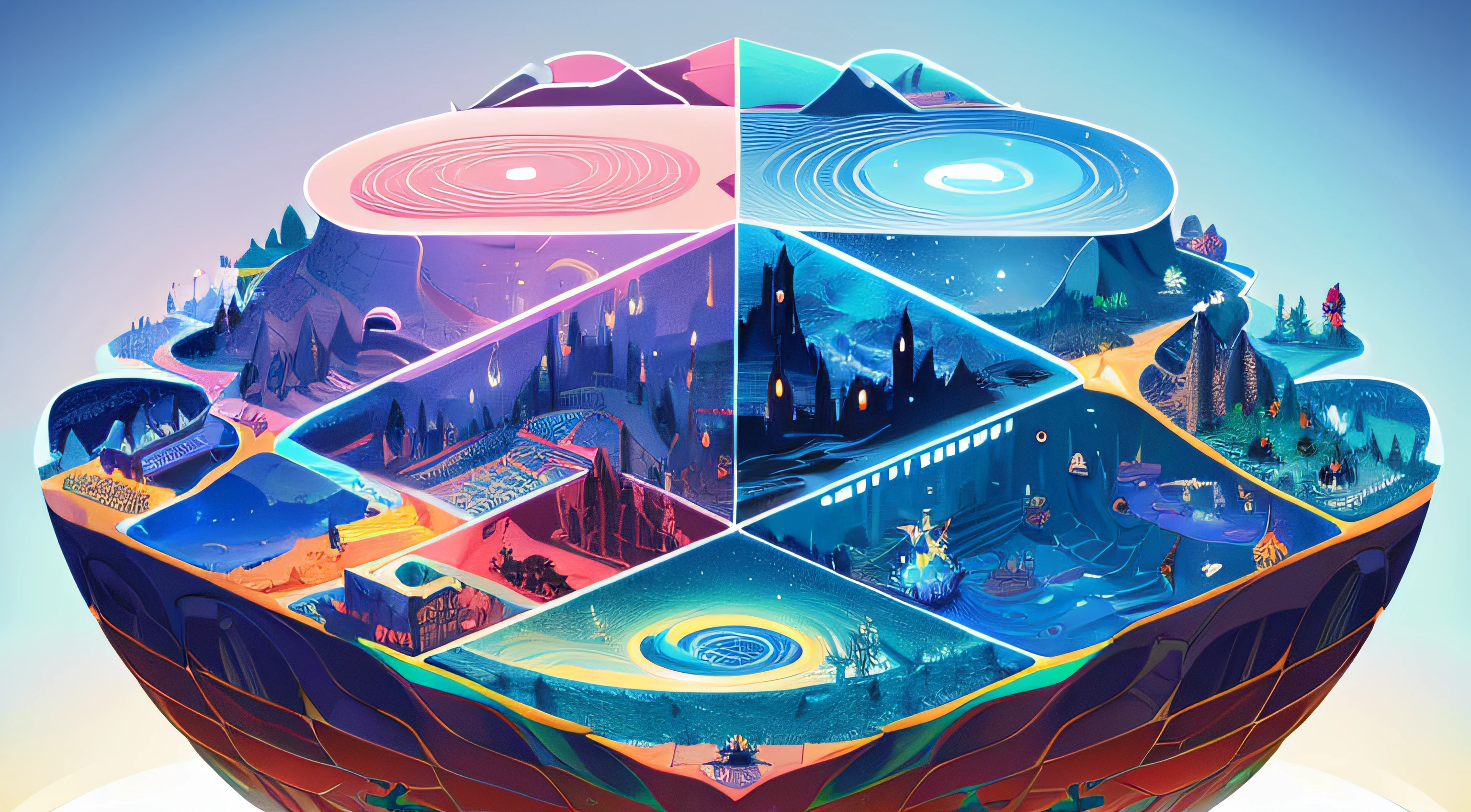 Illustration of a fantastical world that expresses connected shapes
