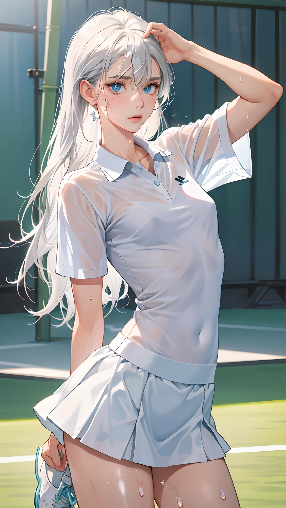 absurd, masterpiece, best quality, realistic, hyper-detailed, (shiny skin, sweaty:1.4), slender, looking at viewer, 1girl, solo, tennis wear, white polo shirt, white sneakers, white miniskirt, long hair, silver hair, blue eyes, (thick thighs:0.5), dynamic lighting, high resolution, sharp focus, depth of field, small breasts, nipples, see-through clothes