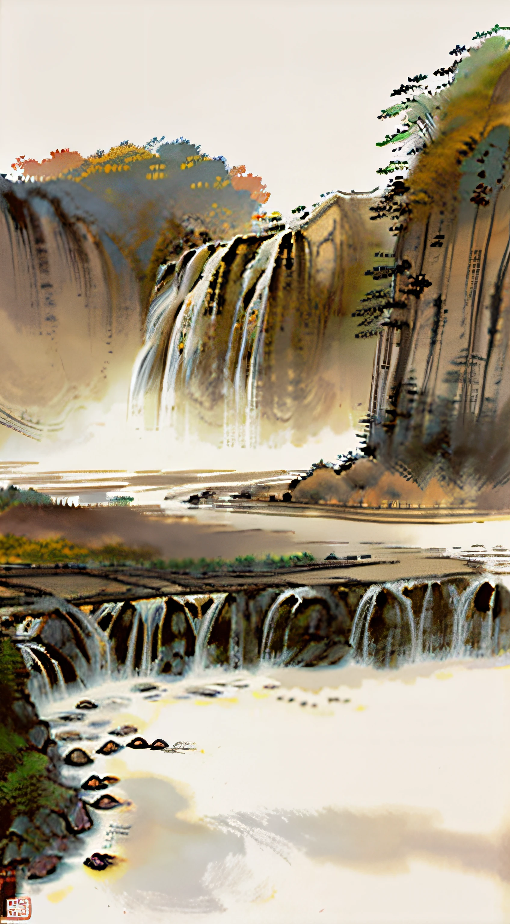 Chinese，Chinese landscape，Traditional Chinese painting，Ancient rhyme Jiangnan，lakes，Yamakawa，waterfallr，Leave white space，elegant