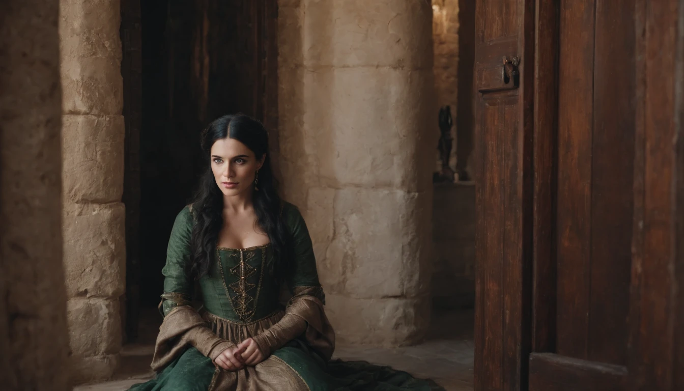 within a gloomy castle tower, a young medieval gypsy woman with black hair and green eyes kneels on the floor beside a wooden door with a slot in it, gothic, sense of unease, mysterious, cinematic, cinematic scene from film, 8k, cinematic in the style of Dion Beebe