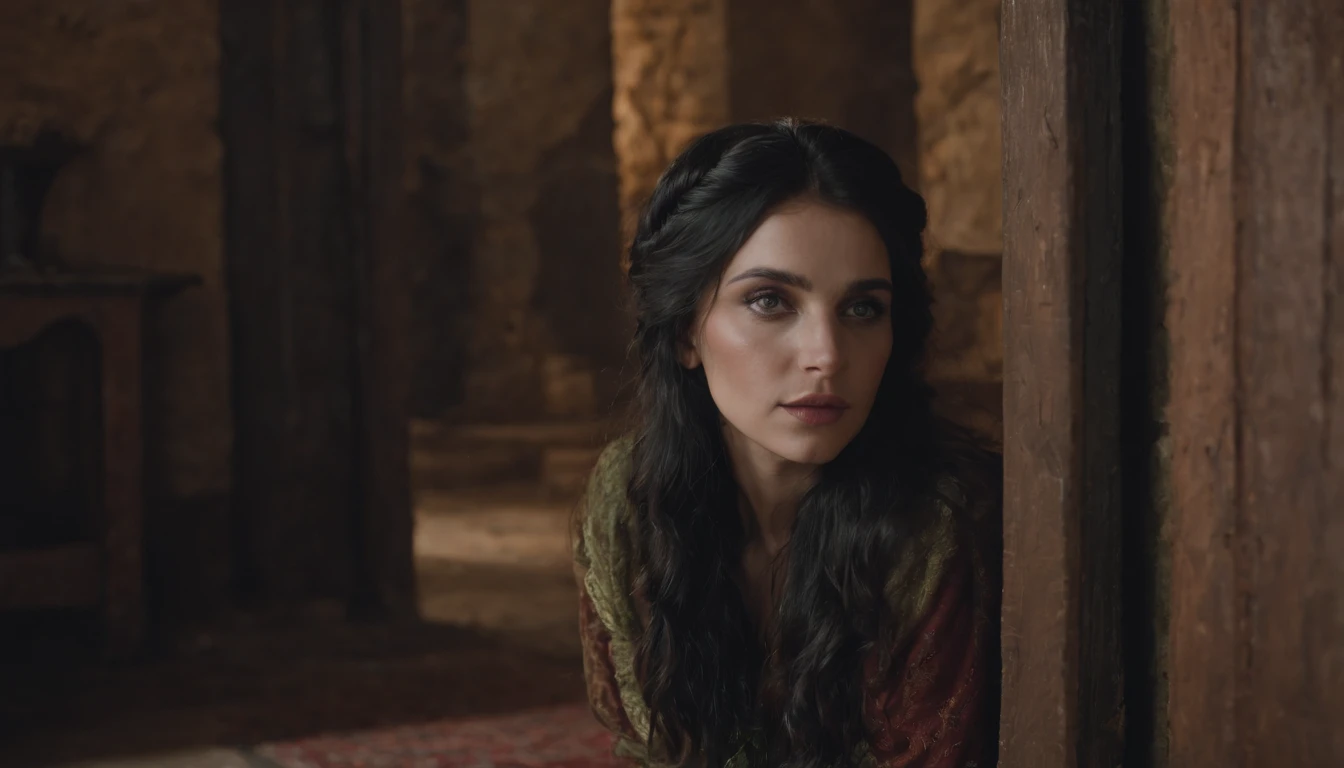 within a gloomy castle tower, a young medieval gypsy woman with black hair and green eyes kneels on the floor beside a wooden door with a slot in it, gothic, sense of unease, mysterious, cinematic, cinematic scene from film, 8k, cinematic in the style of Dion Beebe