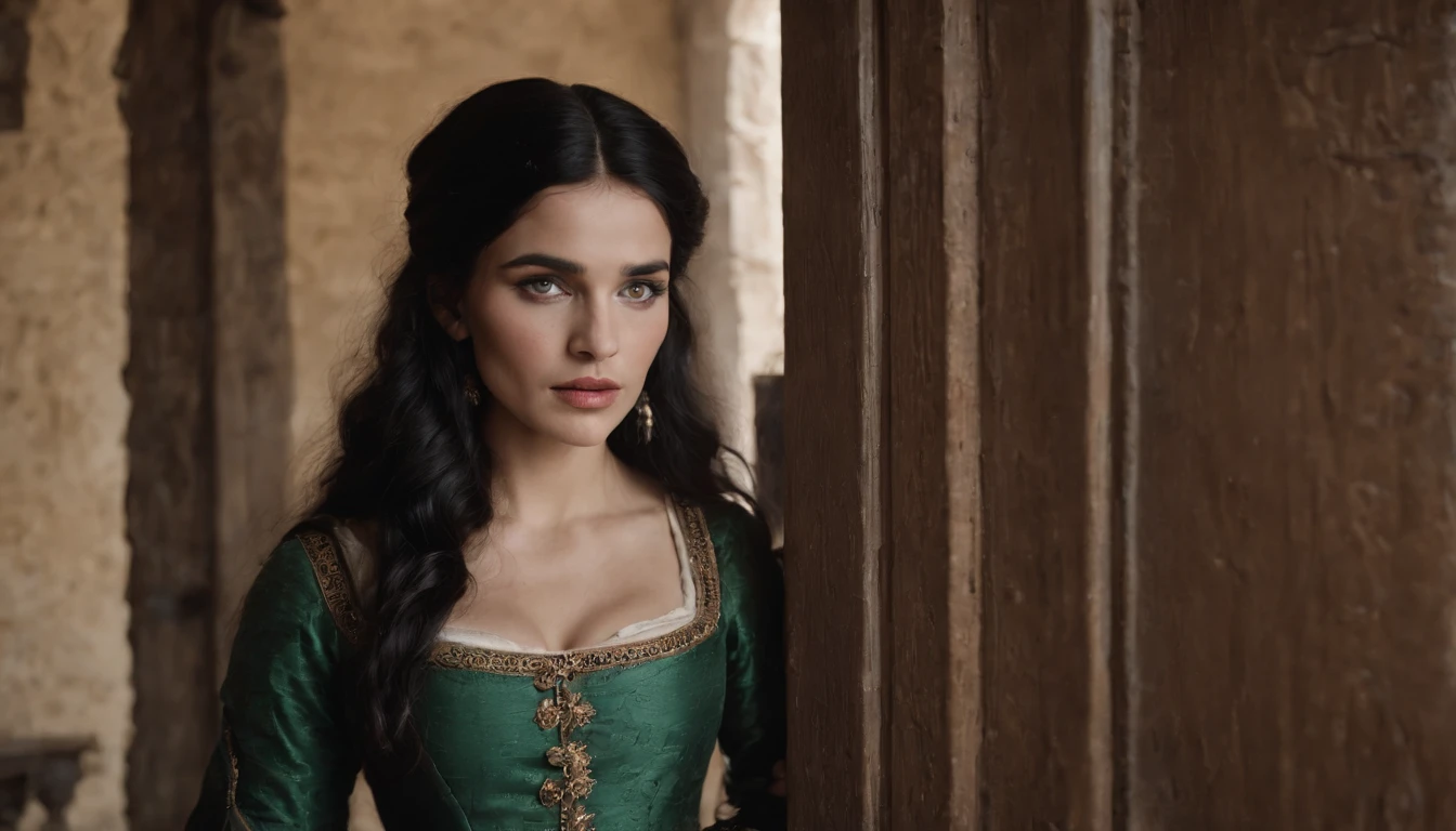 within a gloomy castle tower, a young medieval gypsy woman with black hair and green eyes kneels on the floor beside a wooden door with a slot in it, gothic, sense of unease, mysterious, cinematic, cinematic scene from film, 8k, cinematic in the style of Dion Beebe