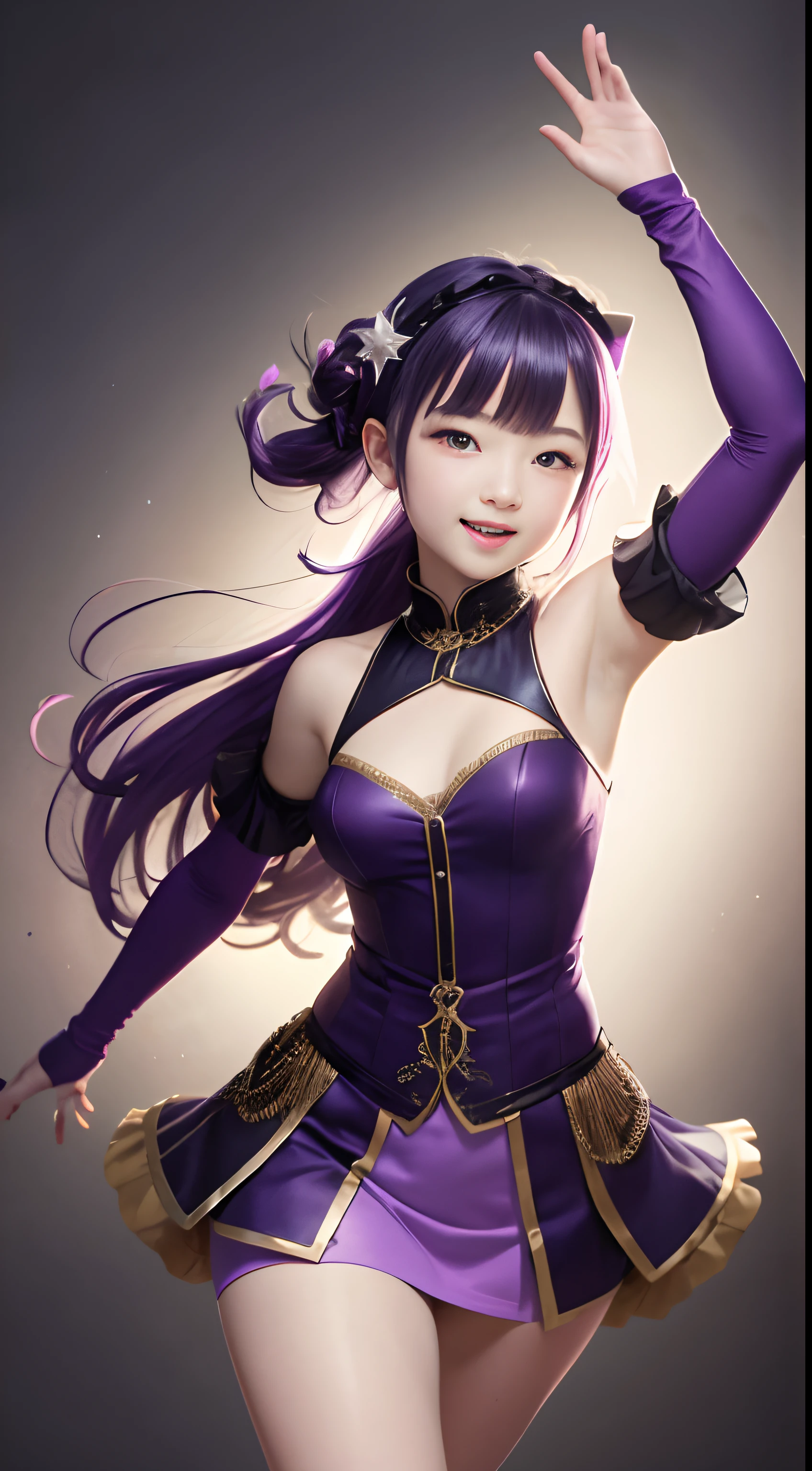 Hoshino Ai, Ultimate Idol,gloves, Tongue sticking out, tongue, Long hair, Star (symbol), Watch Viewer, (Purple hair: 1.2), Purple eyes, Upper body, Hair Ornament, frilld, PINK SHIRT, Smile, Sleeveless, Shirt, Idol, symbol-shaped pupils, Bangs, One side up, star-shaped pupils,dress pull, Roaring 20s, Illumination stage,isometric,Full body portrait,Purple High Heels, Rembrandt, Illustration, detail, depth of fields, Accurate Hand Modeling,Looking at the viewer,Tongue out, Highest Quality, High resolution,