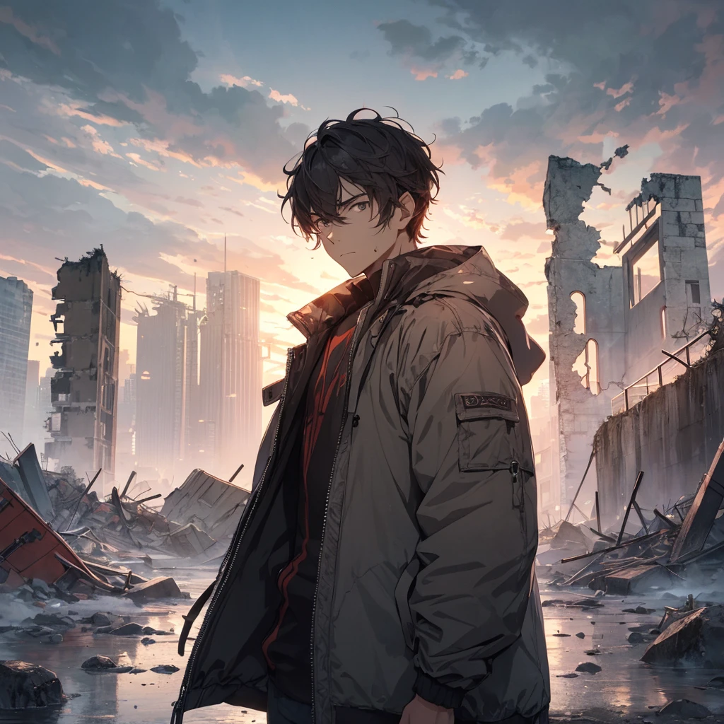 A handsome boy with clear facial features, bitter expression, wide jacket, apocalypse, and a desolate ruin in the background