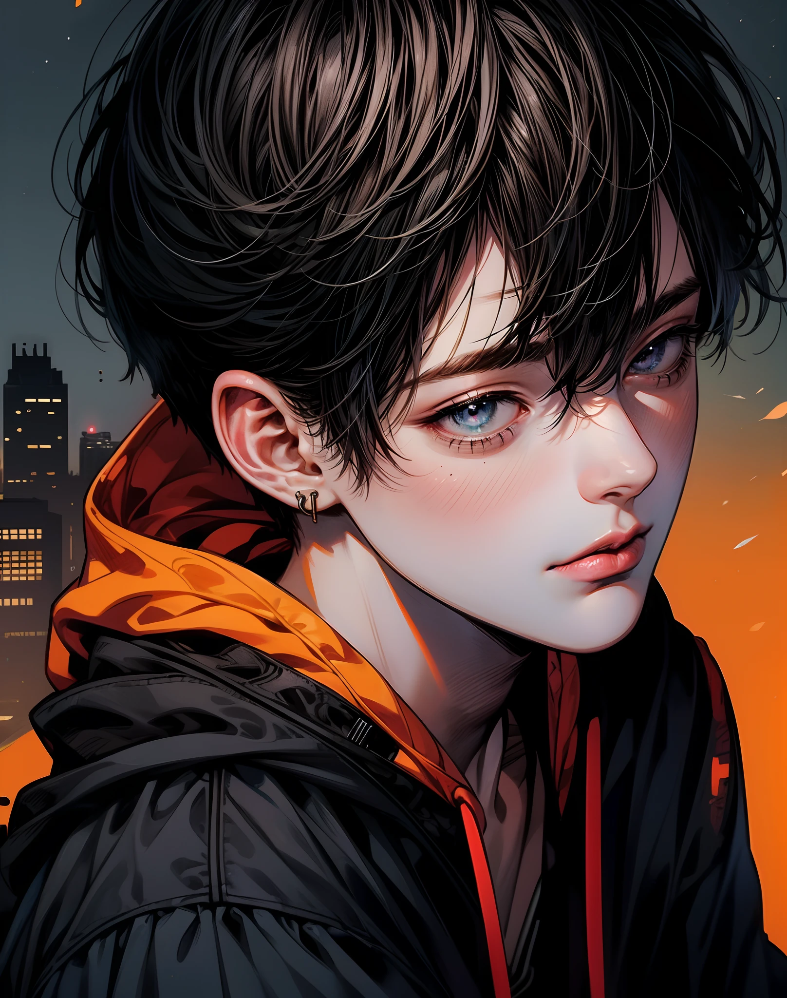 Top Quality, Masterpiece, High Resolution, 8k, Anime Style handsome man in Hoodie, One man, brown-short_hair, stylish hair,handsome, Detailed Line Art, Bright White and Bright Amber Style, Digital Enhancement, Close Up, wearing hoodie,monchrone,gray,orange,Flowing Fabric,city background,