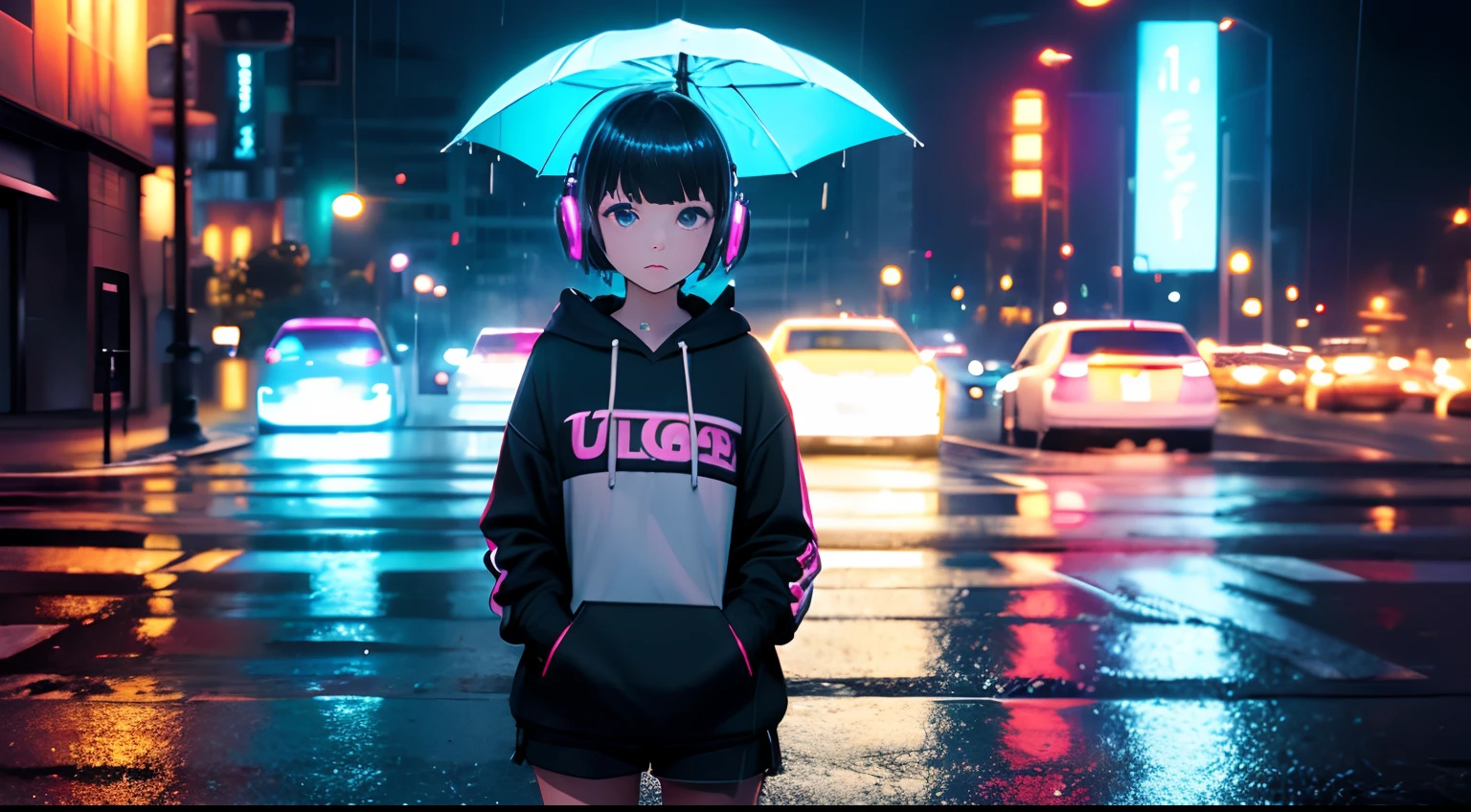 (best quality, ultra-detailed, masterpiece:1.2), a girl, solo, unbelievably surreal, oversized hoodie, headphones, street style, outdoors, rain, neon lights, short hair, bright colored eyes, hands in pockets, shorts, water droplets