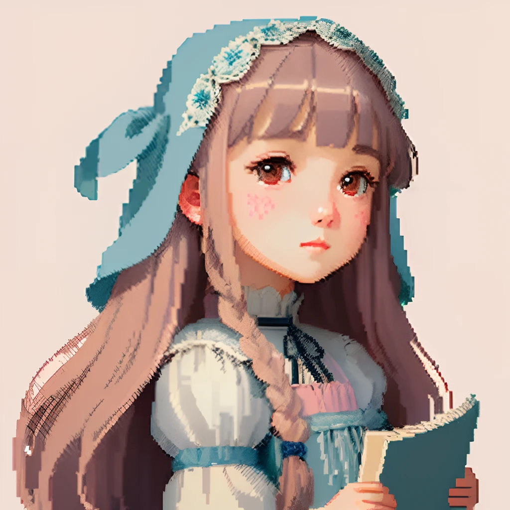 Pale light blue antique dress、Girl with long hair in dull pink-brown color、Blunt bangs、Look back and look at this.、Pixel art、Pixel Art Illustration、pixels、Plain background、Upper body、For icons、pixels_Art Book,Composition centered on the face、Straight face、Gothic headdress、pixels、Game-style illustration、Pixel art、pixels、