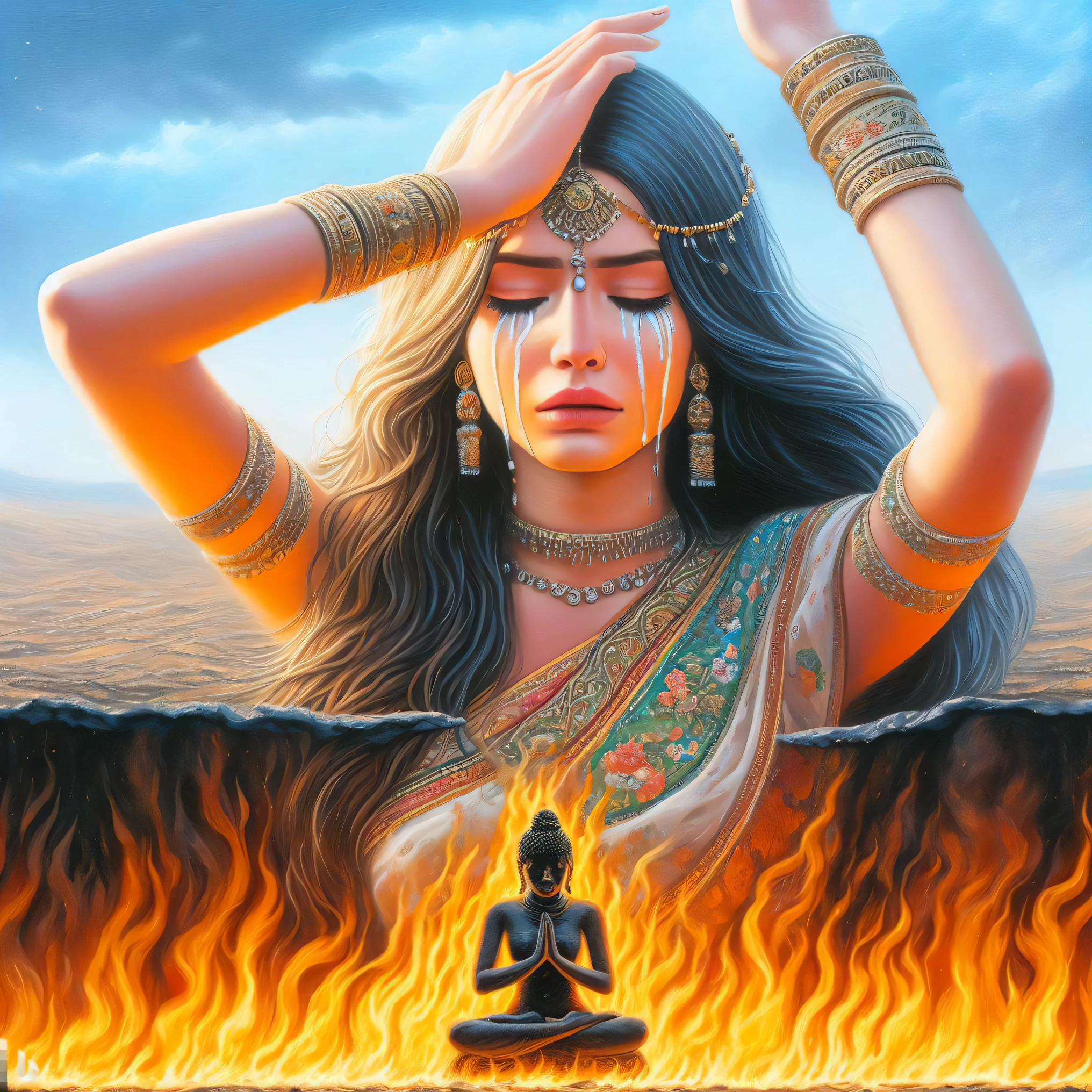 a painting of a woman in a sari sitting on a fire, flames surround her, hindu aesthetic, goddess of anger, goddess of fire, appears as the fire goddess, hindu stages of meditation, beautiful depiction, fire goddess, holy flame spell, hindu art, indian goddess, an exhausted deity, shakti, indian goddess of wealth, woman made of black flames, indian art