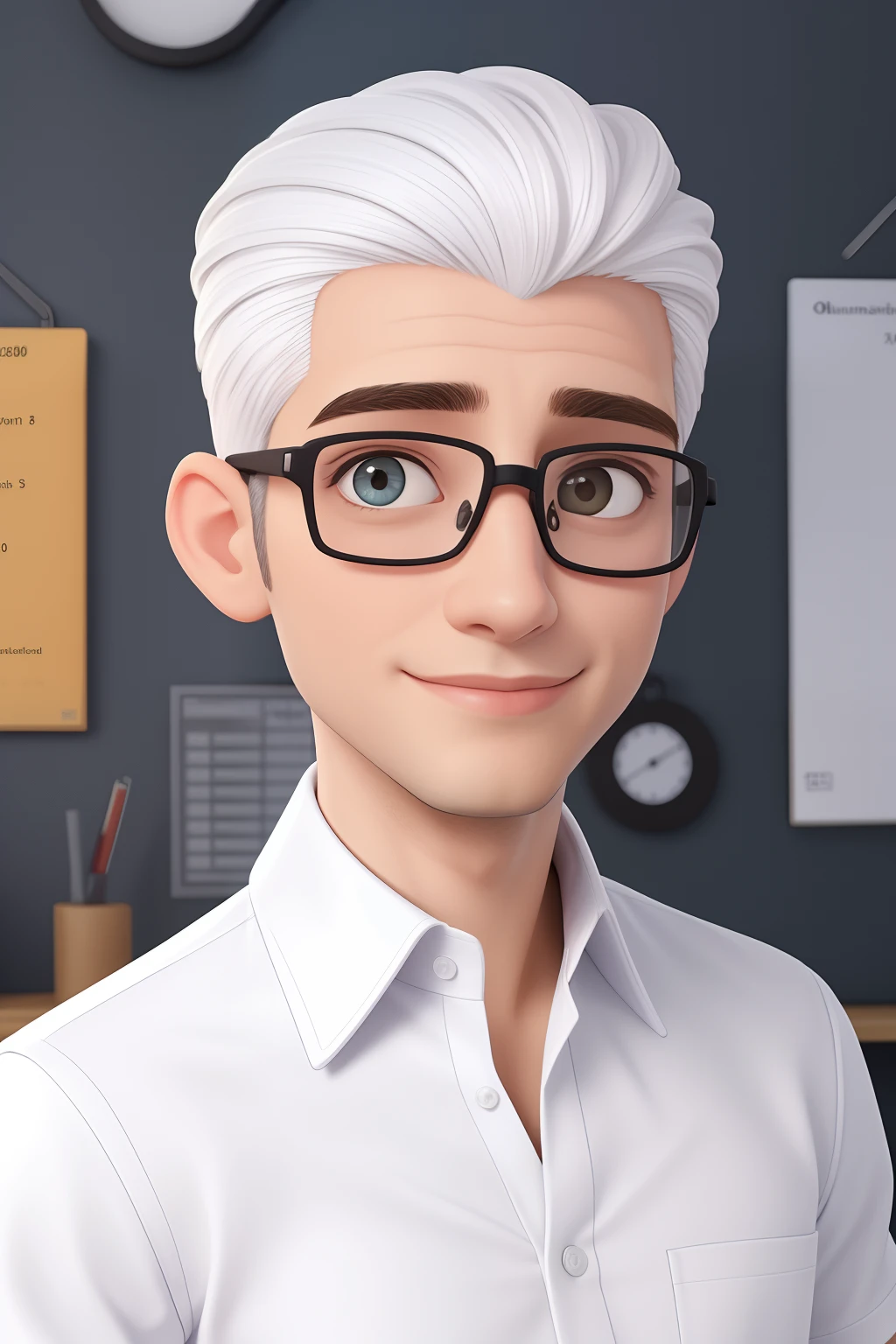 Um homem de 30 anos, com cabelos castanhos curtos,face de diamante, olhar rigoroso, e olhos castanhos, nariz afinado, Wearing white white shirt and glasses, Periodic table on the wall.