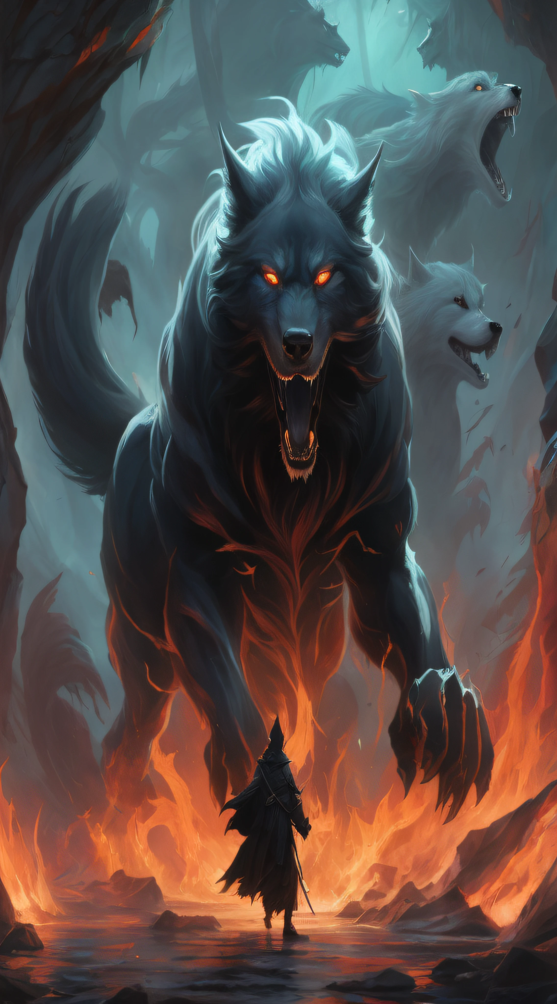 painting of a man standing in front of a wolf with a sword, wolf in hell, fenrir, an ominous fantasy illustration, epic fantasy illustration, epic fantasy digital art style, epic fantasy art style, epic fantasy style art, detailed digital 2d fantasy art, epic fantasy artwork, cerberus, dan mumford tom bagshaw, a minotaur wolf, dire wolf