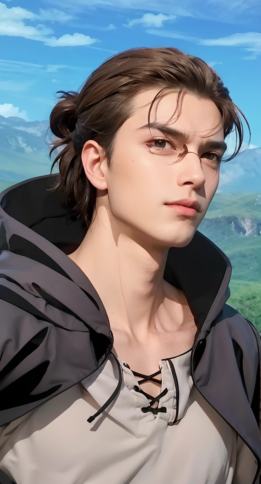 Real life adaption of this character, Handsome face, realistic same hair, (realistic same outfit), realistic same background battlefield with black smoke, realistic light, realistic shadow, realism, hyper realistic,(photorealistic:1.2)
