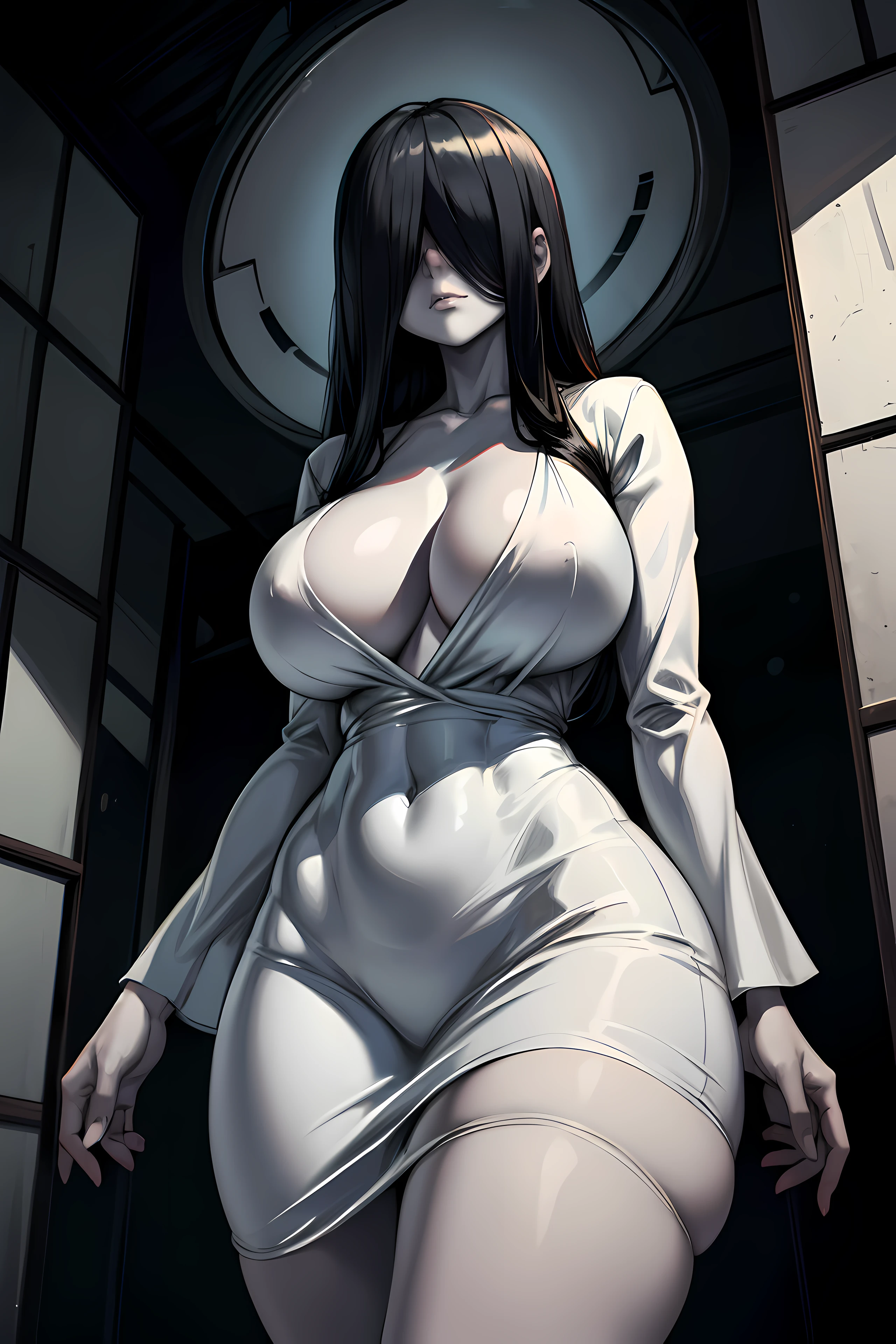 (masterpiece), best quality, expressive eyes, perfect face, yamamura sadako, 1girl, sadako, (hair over eyes:1.4), dark theme, curvy, dark atmosphere, cleavage, closed mouth, oversized white dress,cowboy shot, ((from below)), serious, (pale skin:1.2), grey skin, (sagging breasts:1.2), (huge breasts:1.3),