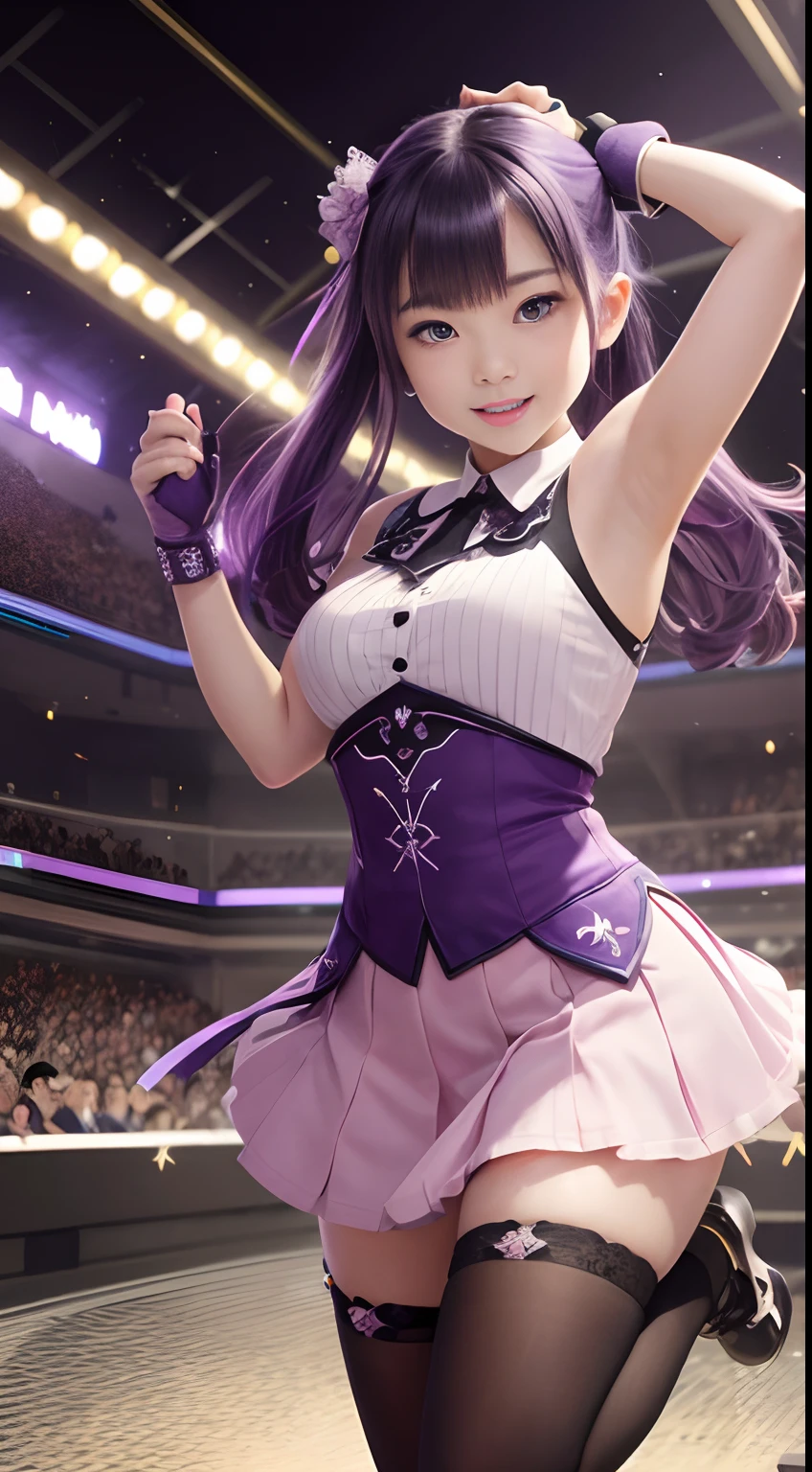 Hoshino Ai, gloves, Tongue sticking out, tongue, Long hair, Star (symbol), Watch Viewer, (Purple hair: 1.2), Purple eyes, Upper body, Hair Ornament, frilld, PINK SHIRT, Smile, Sleeveless, Shirt, Idol, symbol-shaped pupils, Hands raised, Bangs, One side up, star-shaped pupils, Arms raised, dress pull, Roaring 20s, isometric,Full body, Rembrandt, Illustration, detail, depth of fields, Looking at the viewer, piece sign, Raised hands, Tongue out, Highest Quality, High resolution.