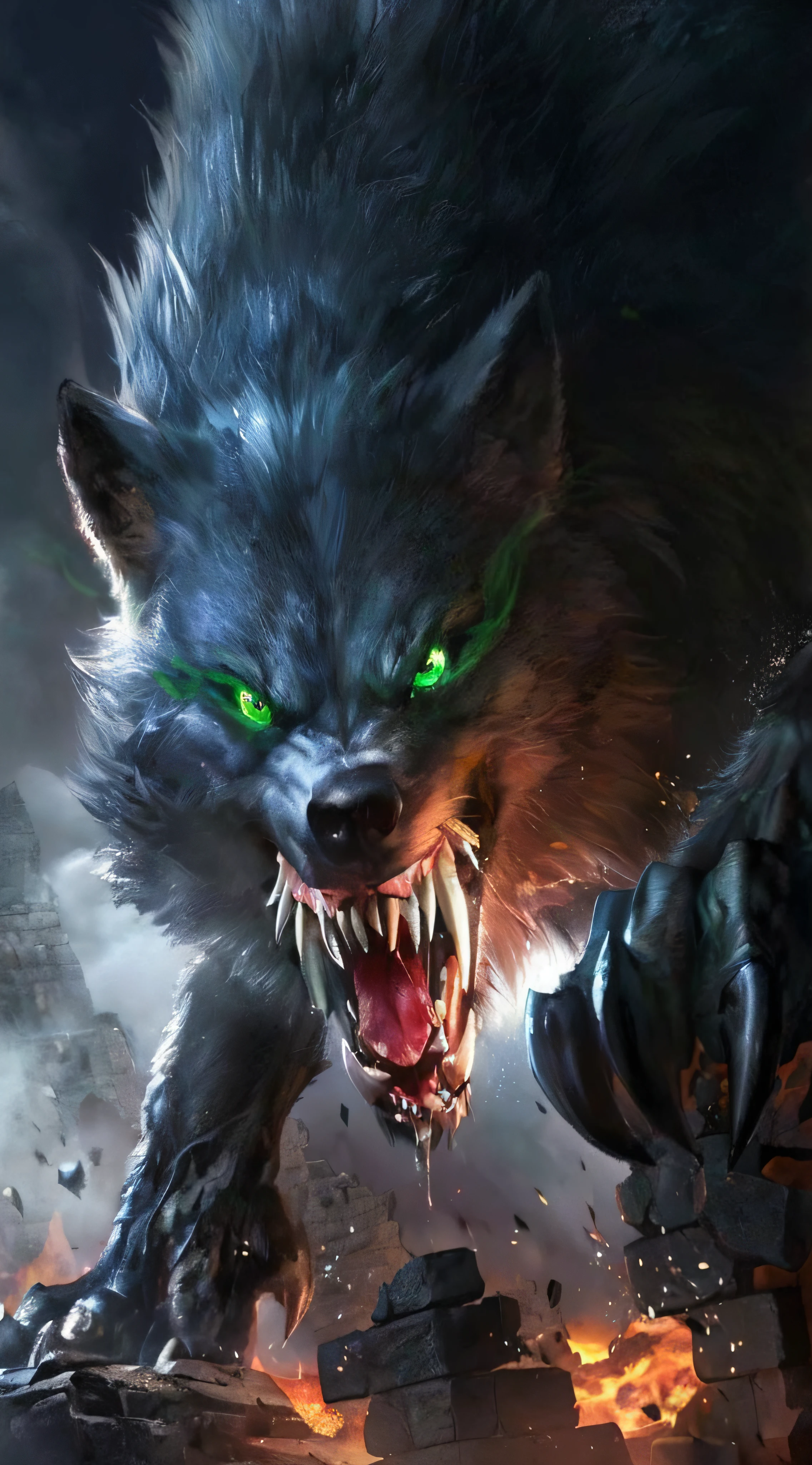a close up of a wolf with green eyes and a fire, fenrir, grim - wolf, werewolf, wolf in hell, angry high moral sexy werewolf, werewolf?, an anthropomorphic wolf, a minotaur wolf, great wolf, dire wolf, dark grey wolf o'donnell, he has yellow wolf eyes, werewolf”, portrait of a werewolf