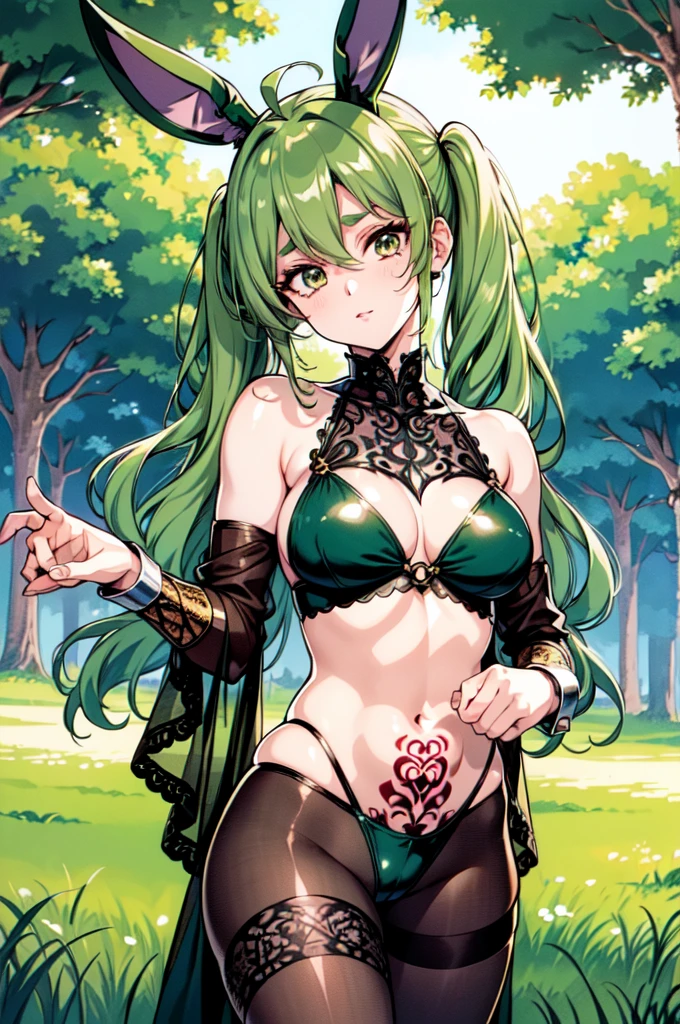 "(masterpiece:1.1), best quality,
1girl, (80s anime style:1.4), (eyelashes:1.5),
(intricate high detailed body:1.2),
green hair,
(hair slicked back:1.2), (wavy twintails:1.1), (rabbit ears:1.2),
red eyes, (red lip stick:1.1),
(pale skin:1.3), (muscular body:1.2), (large breasts:1.1),
light smile,
(see-through lace bikini armor, tattoo:1.2), (pantyhose:1.1),
(knight armor, armored boots:1.2), (belts:1.1), (ahoge:1.2), hand cuffs,
standing, claw pose,
(upper body, looking at viewer, from front:1.1),
(daytime, grassland, outdoors:1.1)"
