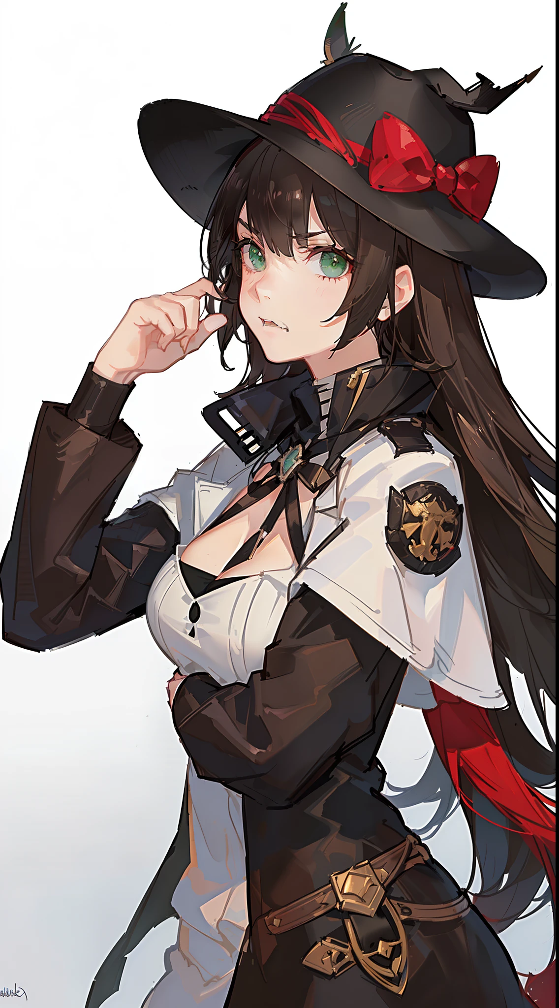 young girl, short black hair, Green eyes, White Mask, brown leather coat, hat, Rorschach, angry, Masterpiece, hiquality