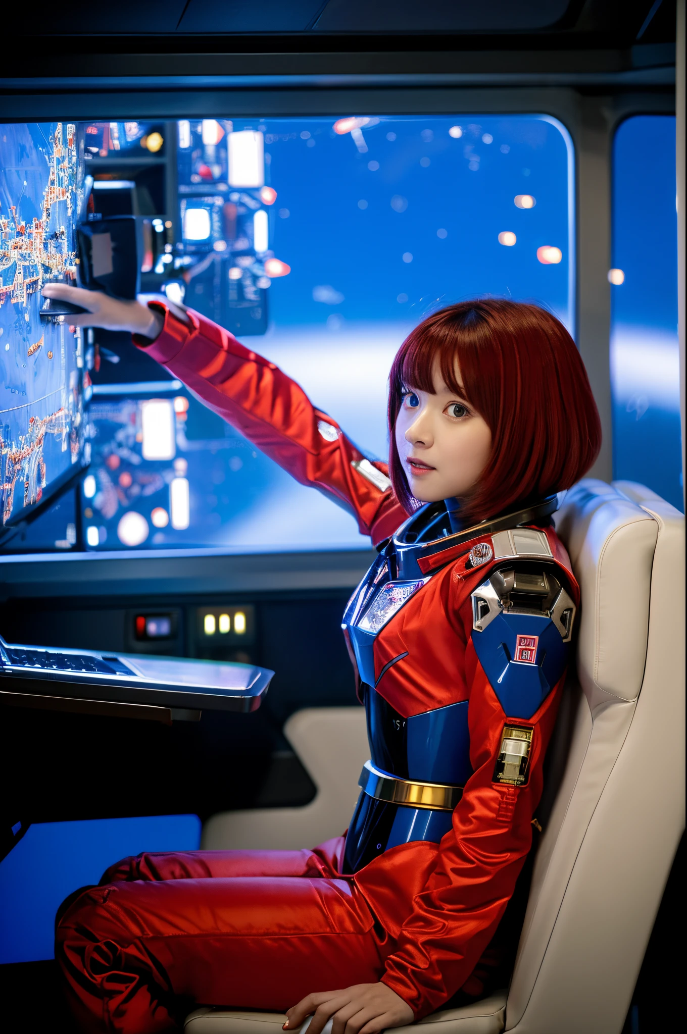 Ridiculous solution, high resolution, (Masterpiece: 1.4), ultra-detailed, 1 young woman, short red hair, pilot suit, rich princess, sitting in an extremely narrow and closed mecha control room looking out the window, the window is The blue planet that can be seen from the universe (1.5), the expression is very excited, the mecha control room is in the universe
