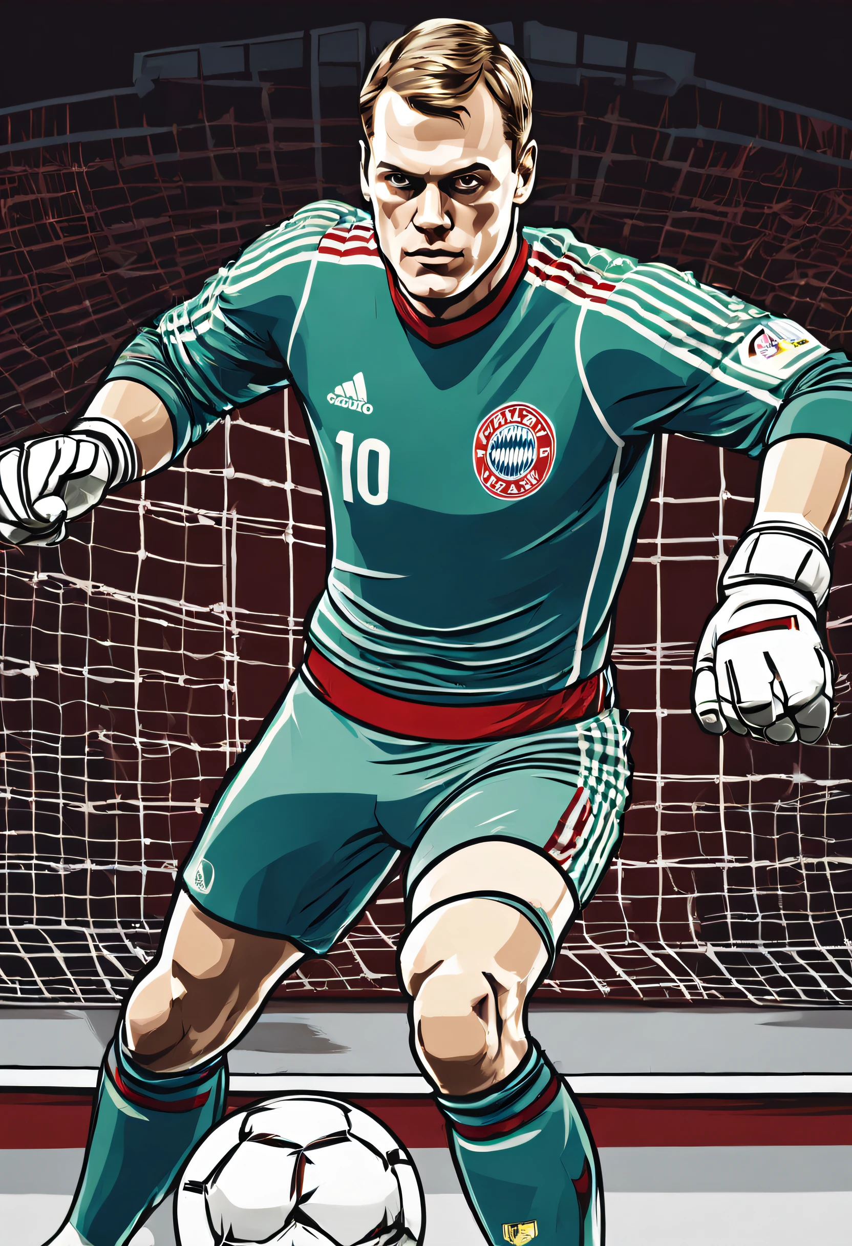 A football goalkeeper, Manuel Neuer, Stand head-on, Guard status。Hands on sports gloves bow to the goal, Bust of Manuel Neuer, Manuel Neuer, footballer, American retro poster style, Modern era style, The fifties and sixties of the last century, Batman-esque, close-up, cowboy shot, 16k