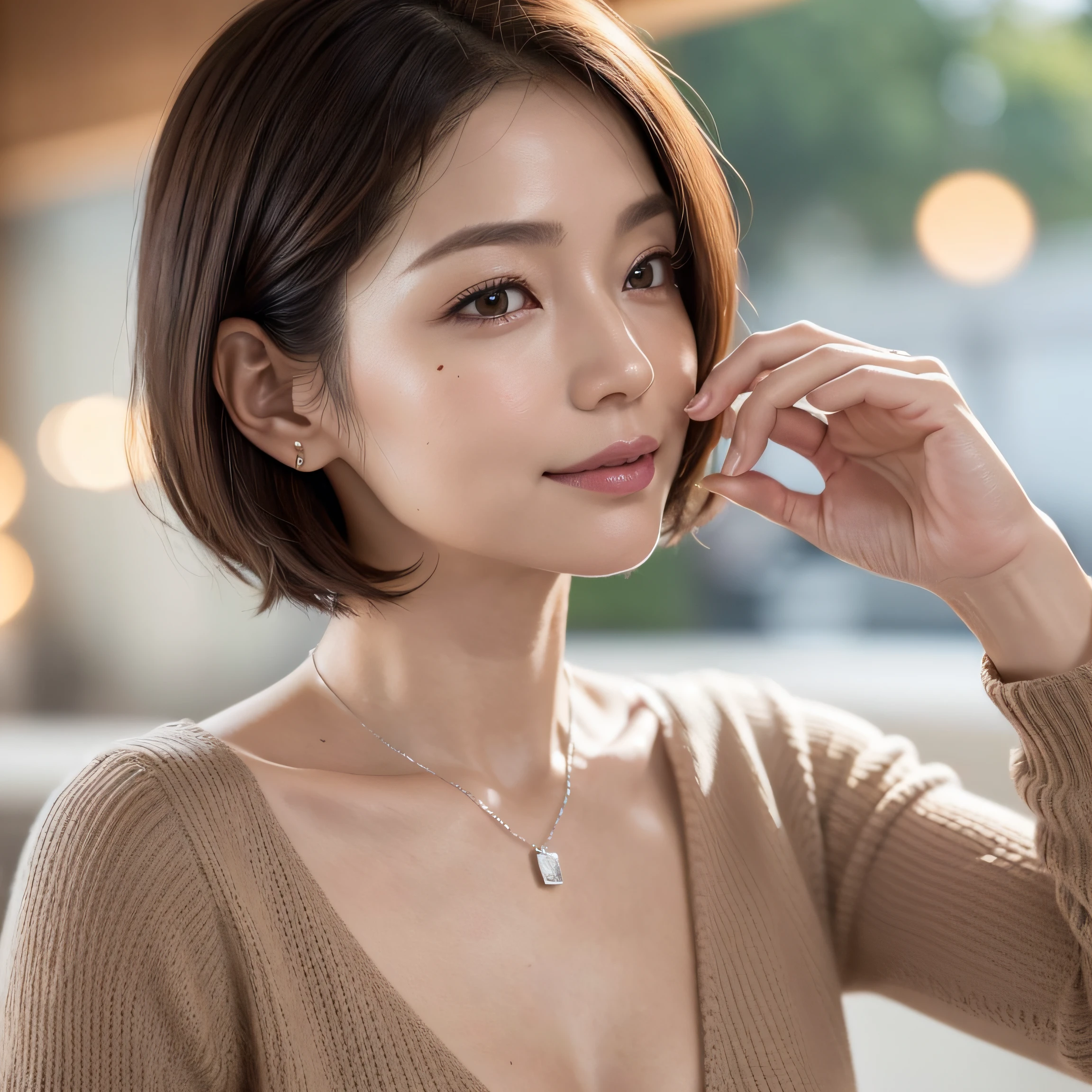 (8K, top-quality, masterpiece:1.3, 超A high resolution, A hyper-realistic), High Detail, (Face like the real thing), Photorealsitic, Raw foto, ((one beautiful women)), Detailed face, beautidful eyes, realisticeyes, Eyes in Beautiful Details, (real looking skin), Beautiful skins, enticing, depth of fields, hight resolution, High pixel count, ((Sideways face, Looking away, Don't look your audience in the eye, Don't look at the camera)), fashionable cafe, The background is also in the picture, clear details, sharp photo, Natural color reproduction, Noise Reduction, High fidelity, Small pendant in silver color, A small necklace in silver color, (Wine-colored light knit U-neck shirt, Neat and clean clothing, Clothing that makes it difficult to see the chest, Clothing that makes it difficult to see the chest, Clothes with hidden breasts), small tits, Sexy lips, Ears are visible, a smile, kindly smile, Beautiful skins, enticing, the golden ratio, (Detal Face:1.2), profetional lighting, Lighting the face, best light, japanes, A Japanese Lady, Japan Mature Woman, a matural female, Short Bob Hair, ((sixty years old, Beautiful, Wrinkles on the face, Wrinkles at the corners of the eyes, Nasolabial fold wrinkles, Small wrinkles, Beautiful, Beautiful Aunt, Moderate moles, Small mole on the face))