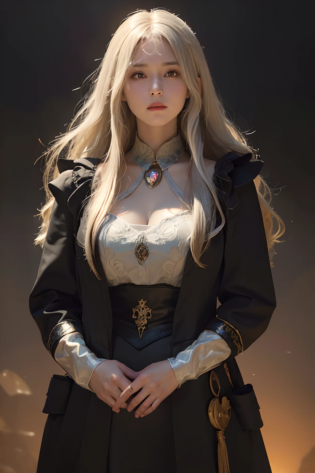 (front focus),(in the dark:1.6), Hyperrealist portrait of female by david hockney and alphonse mucha,fantasy art, photo realistic, dynamic lighting, artstation, poster, volumetric lighting, very detailed faces, 4 k, award winning,, 1girl, in the dark, deep shadow, low key,cowboy shot,(official clothing:1.4) ,long hair,white hair,
