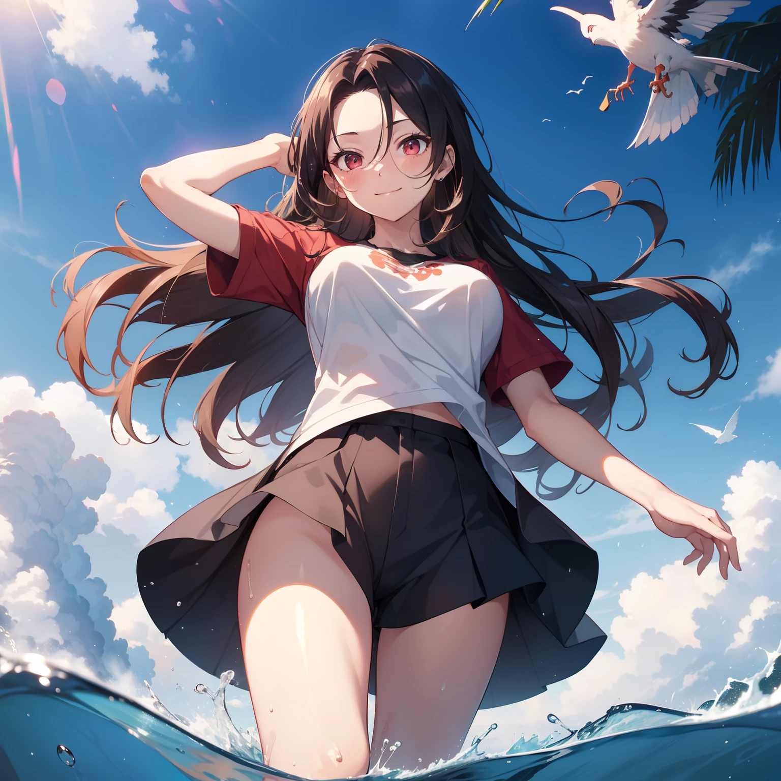 (masutepiece,Best Quality,8K),(extremely detailed CG1.1),Girl standing on the surface of the water emitting a beautiful light,Smile,large boob,(From below:1.2),Intricate details , Hyper realistic, Perfect Anatomy,A dark-haired,Red Eyes,(((Forehead))),Permed hair with wavy hair,(((length hair))),Hair over one eye,hair slicked back,Full body,tshirts,Black shorts,,blush,Happy smile,Bedrooms,natta,optic,(chromatic abberation:1.3),Dynamic Angle,bird flocks,Cowboy Shot,Looking at Viewer